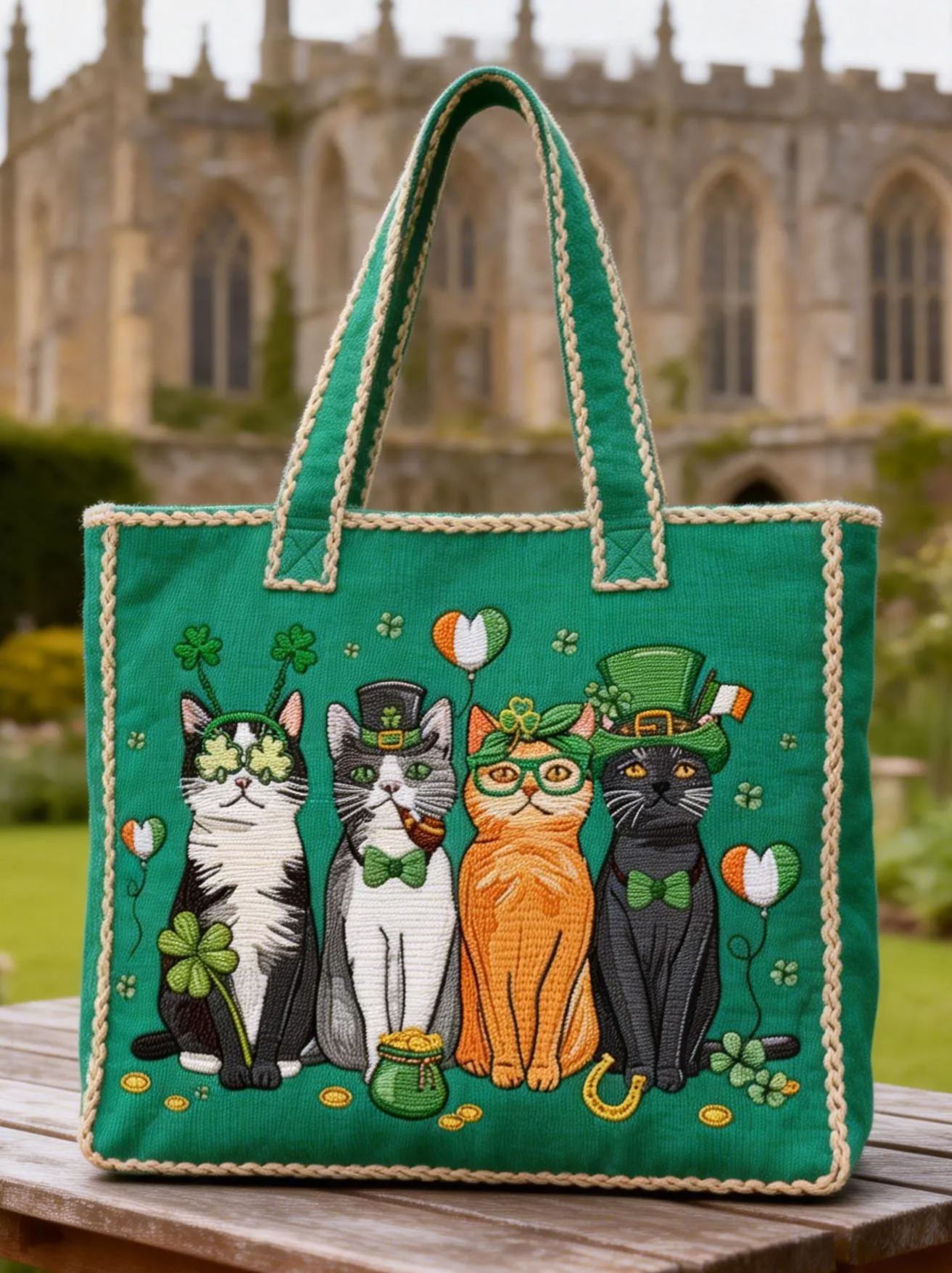 Lucky Shamrock & Leprechaun Cat Embroidered Tote Bag St.Patrick Day Canvas Handbag