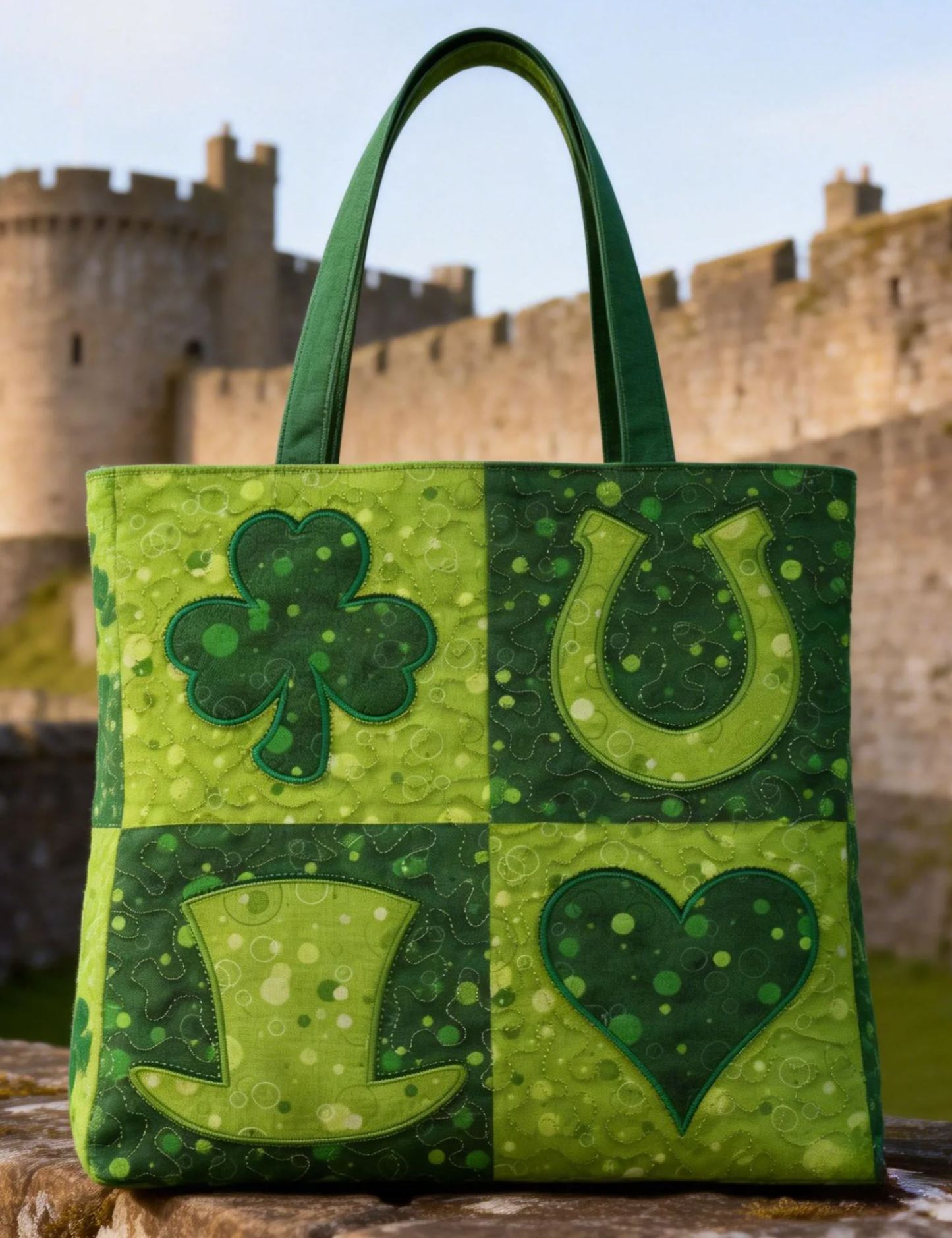 Patchwork Irish Symbol Embroidered Tote Bag St.Patrick Day Canvas Handbag