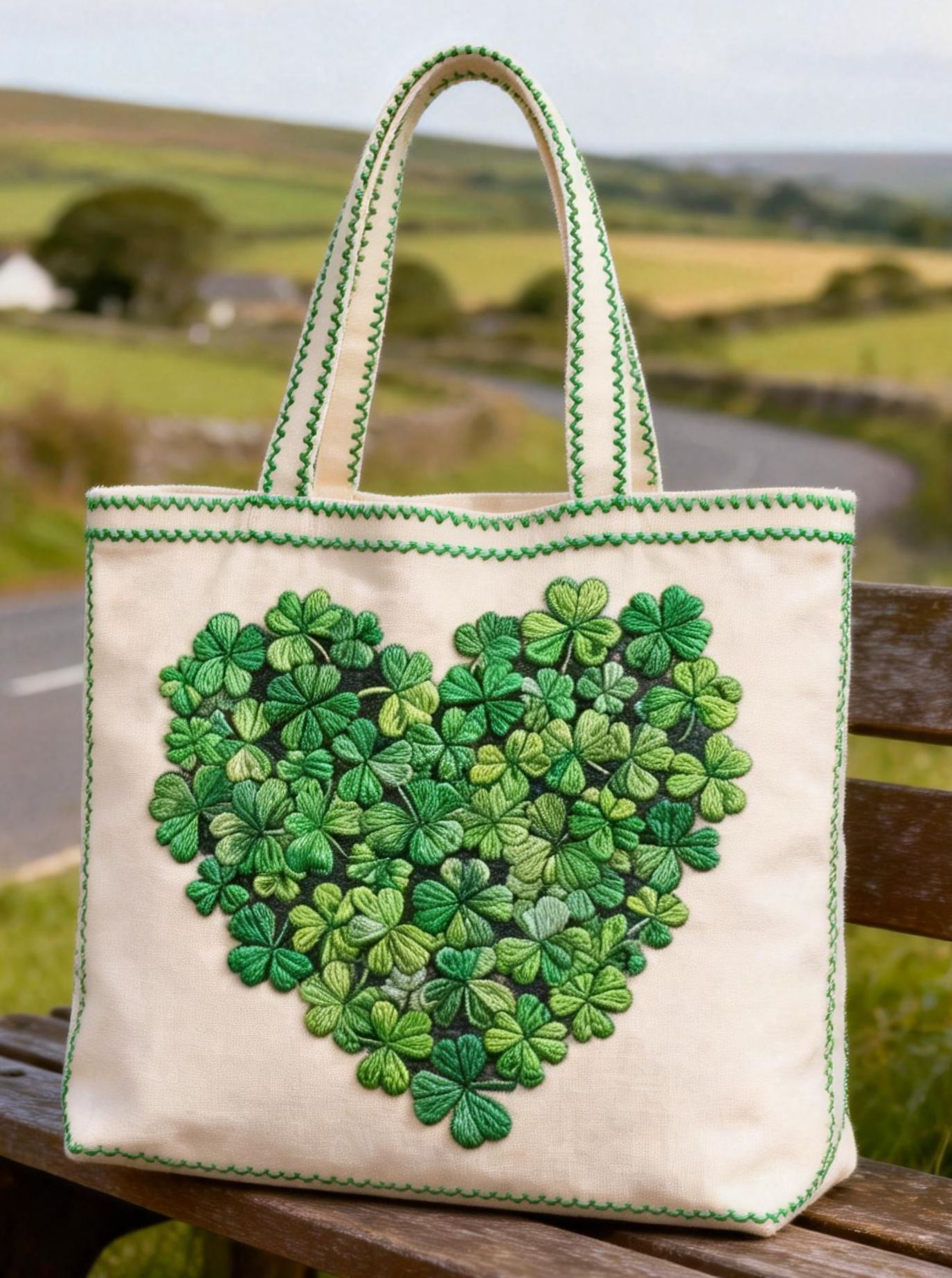 Heart-Shaped Shamrock Cluster Embroidered Tote Bag St.Patrick Day Canvas Handbag