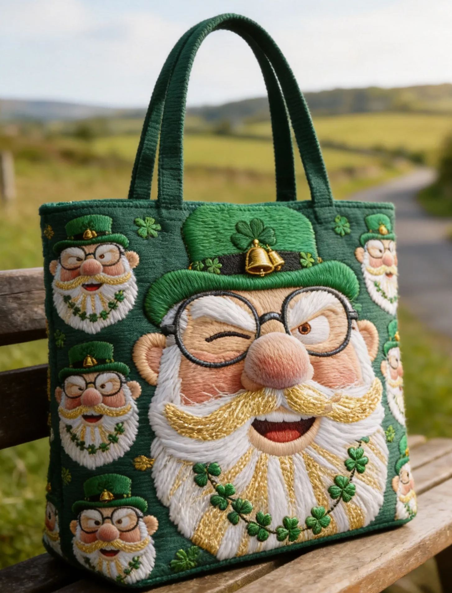 Funny Winking Leprechaun Embroidered Tote Bag St.Patrick Day Canvas Handbag