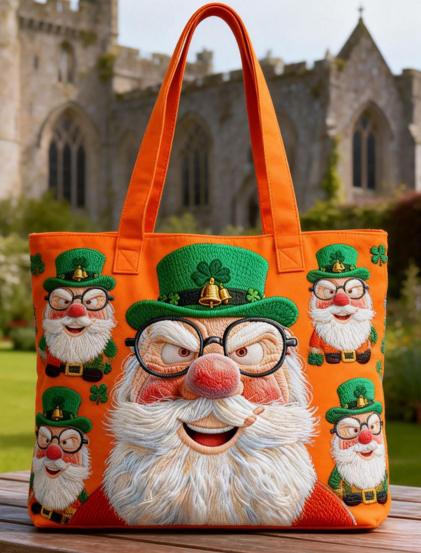 Orange & Green Leprechaun Playful Irish Pride Embroidered Tote Bag St.Patrick Day Canvas Handbag