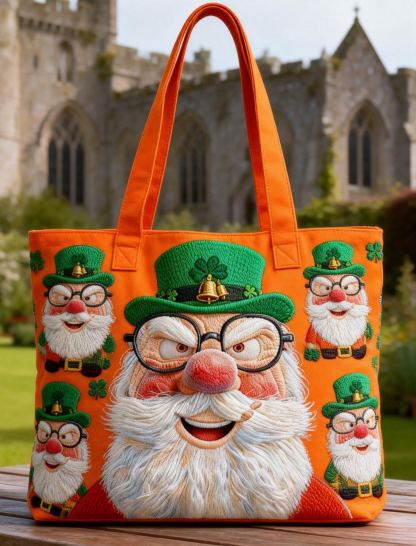 Orange & Green Leprechaun Playful Irish Pride Embroidered Tote Bag St.Patrick Day Canvas Handbag