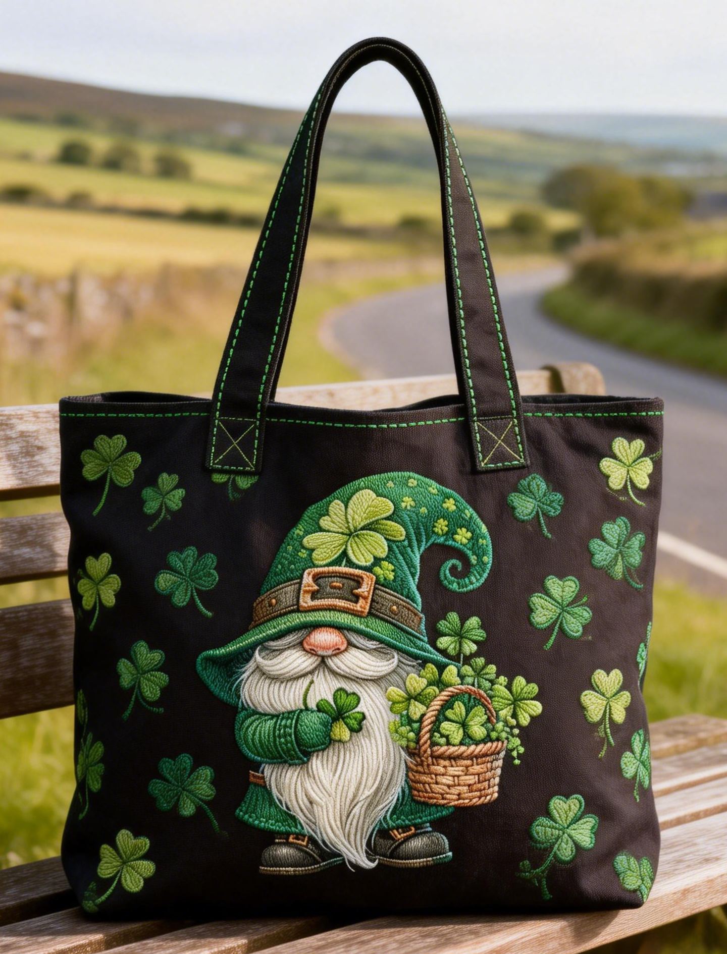 Cute Gnome Clover Embroidered Tote Bag St.Patrick Day Canvas Handbag