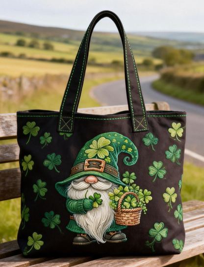 Cute Gnome Clover Embroidered Tote Bag St.Patrick Day Canvas Handbag