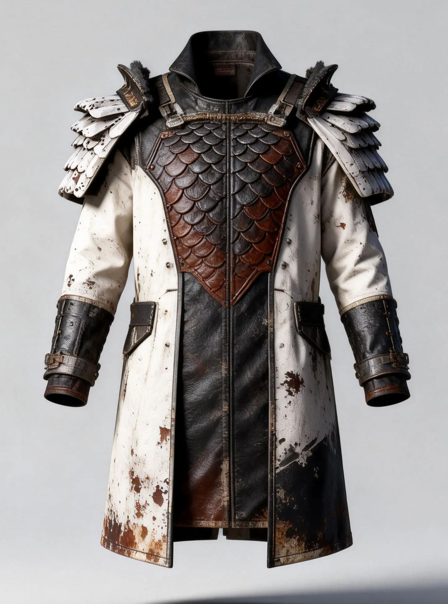 Men's Distressed White & Black Post-Apocalyptic Samurai Trench Coat