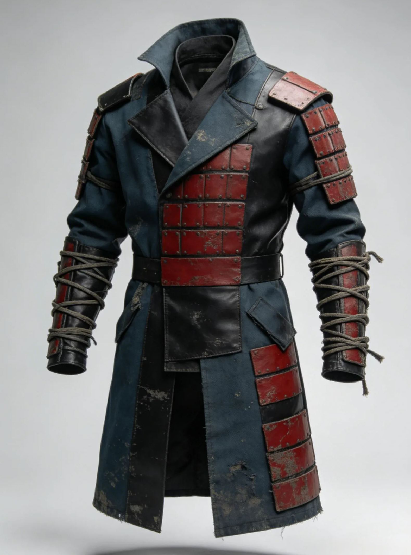 Men's Distressed Navy Blue Samurai Trench Coat