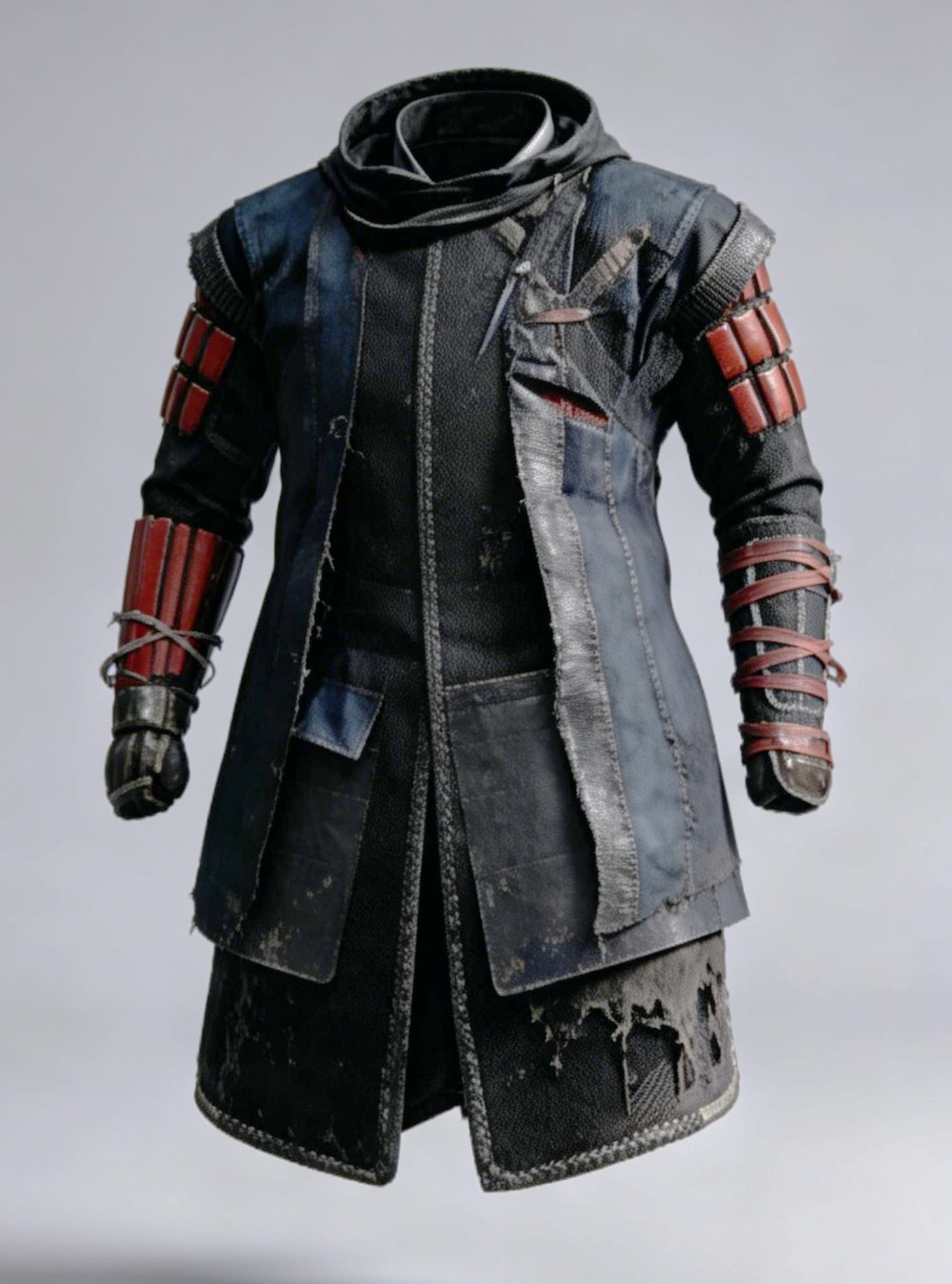 Men's Black & Blue Stealth Ghost Samurai Trench Coat Tactical Gothic Jacket