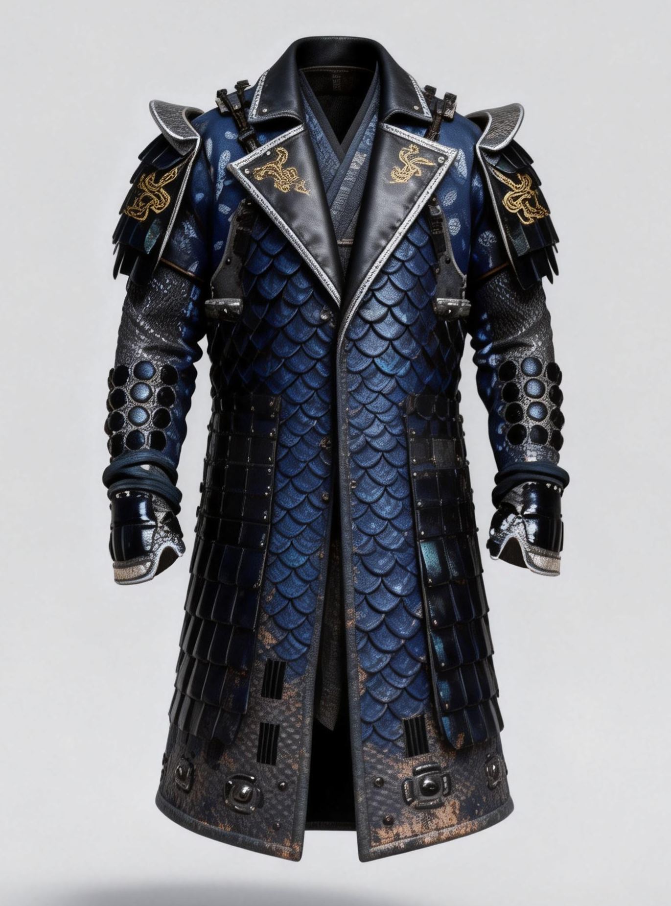 Men's Navy Blue Cyber Samurai Trench Coat Dragon Embroidery Gothic Overcoat