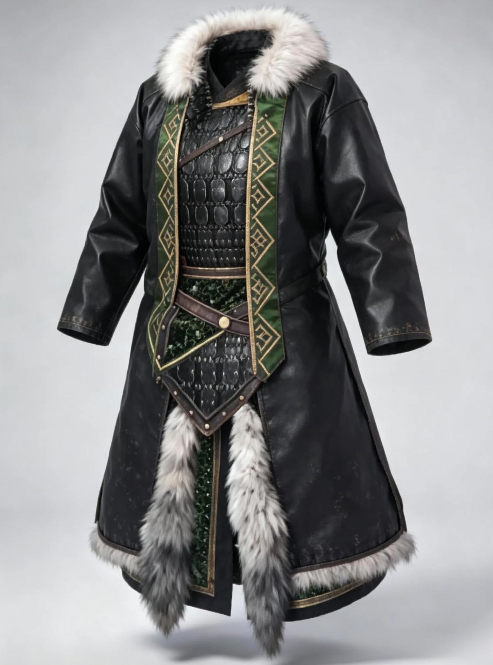 Men's Black Samurai Faux Leather Trench Coat with Fur Trim Winter Gothic Overcoat