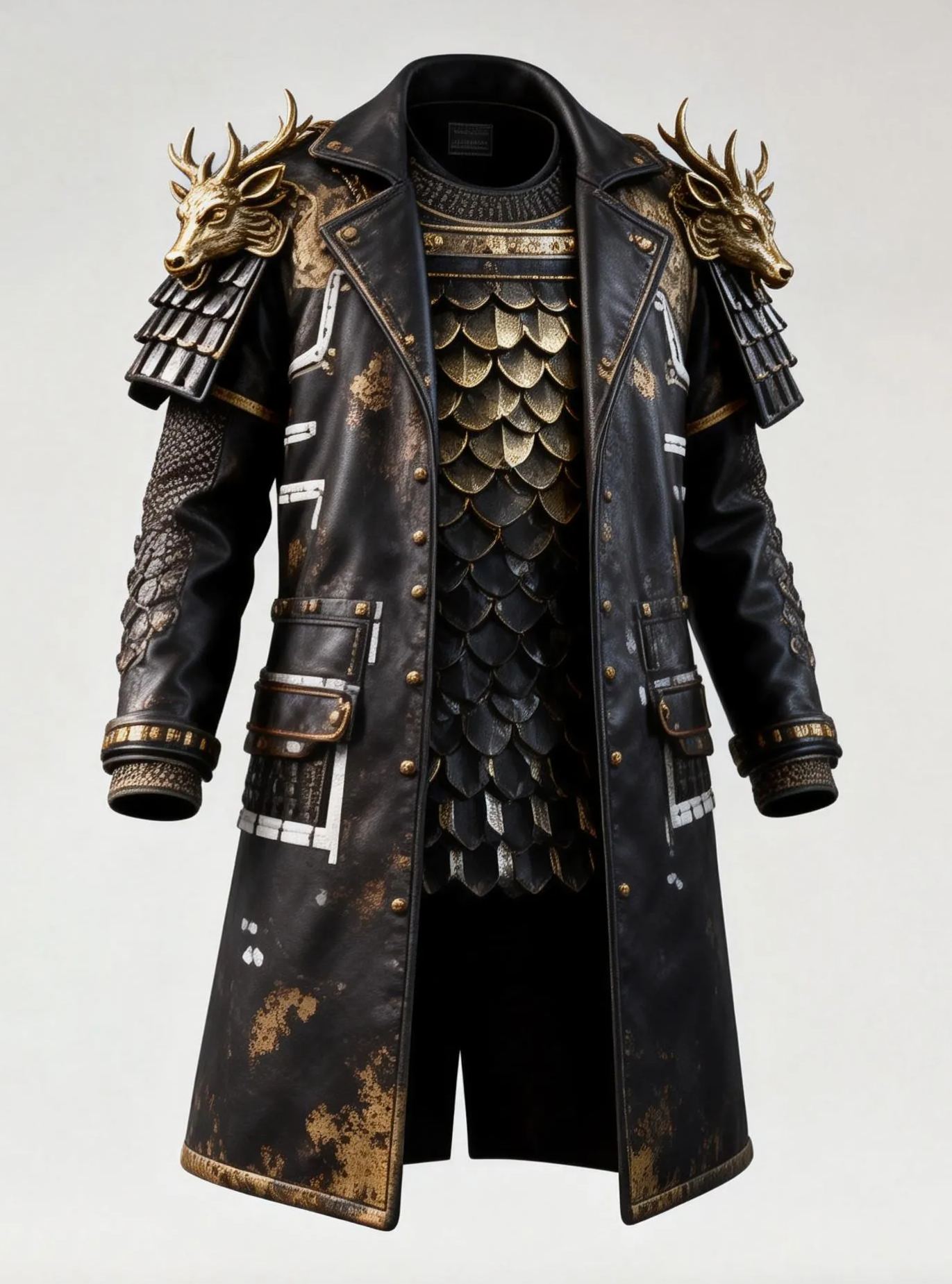 Men's Black & Gold Samurai Leather Trench Coat Gothic Cosplay Overcoat
