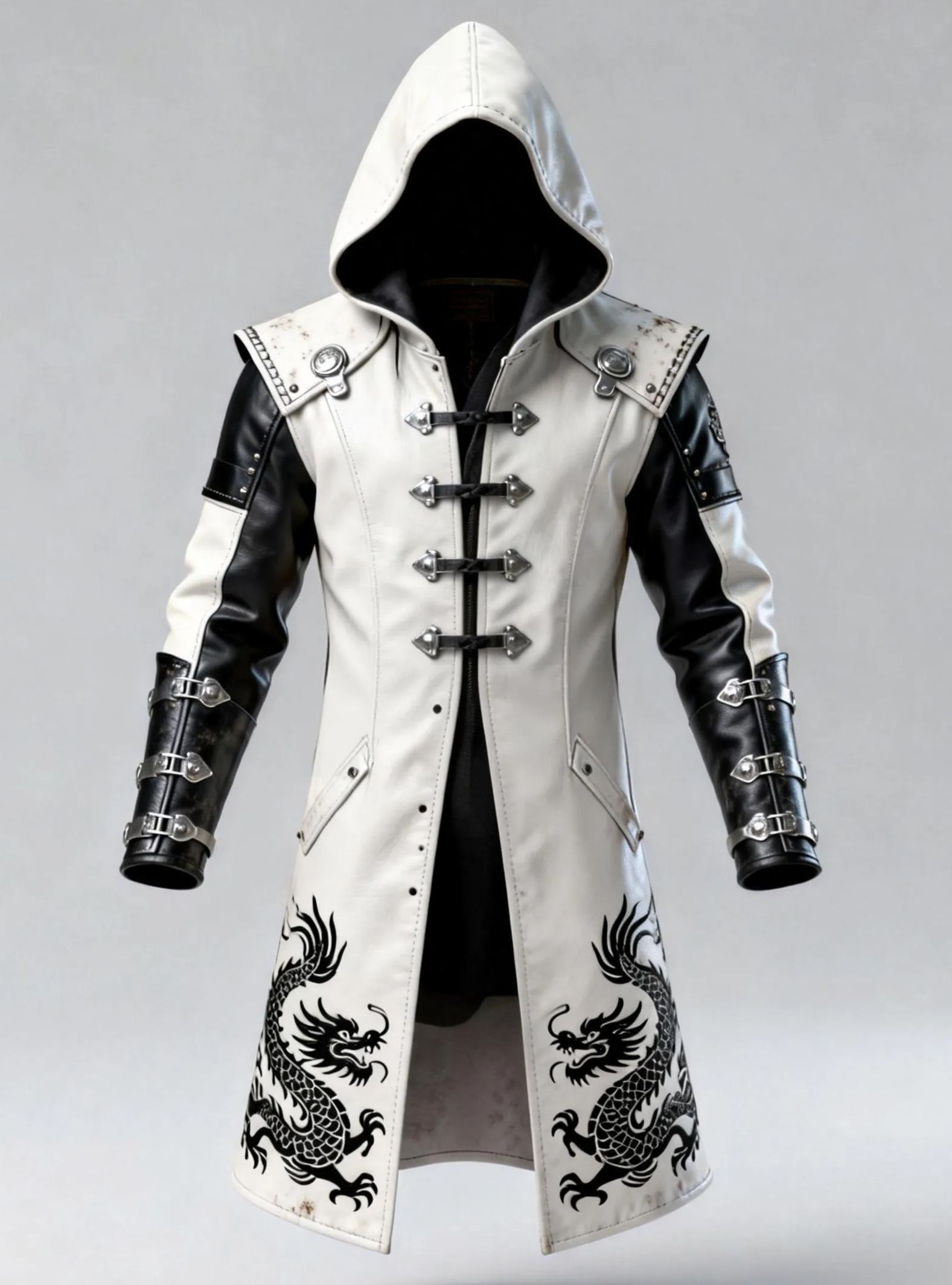 Men's Fashionable White & Black Hooded Trench Coat Dragon Print Gothic Cosplay Jacket