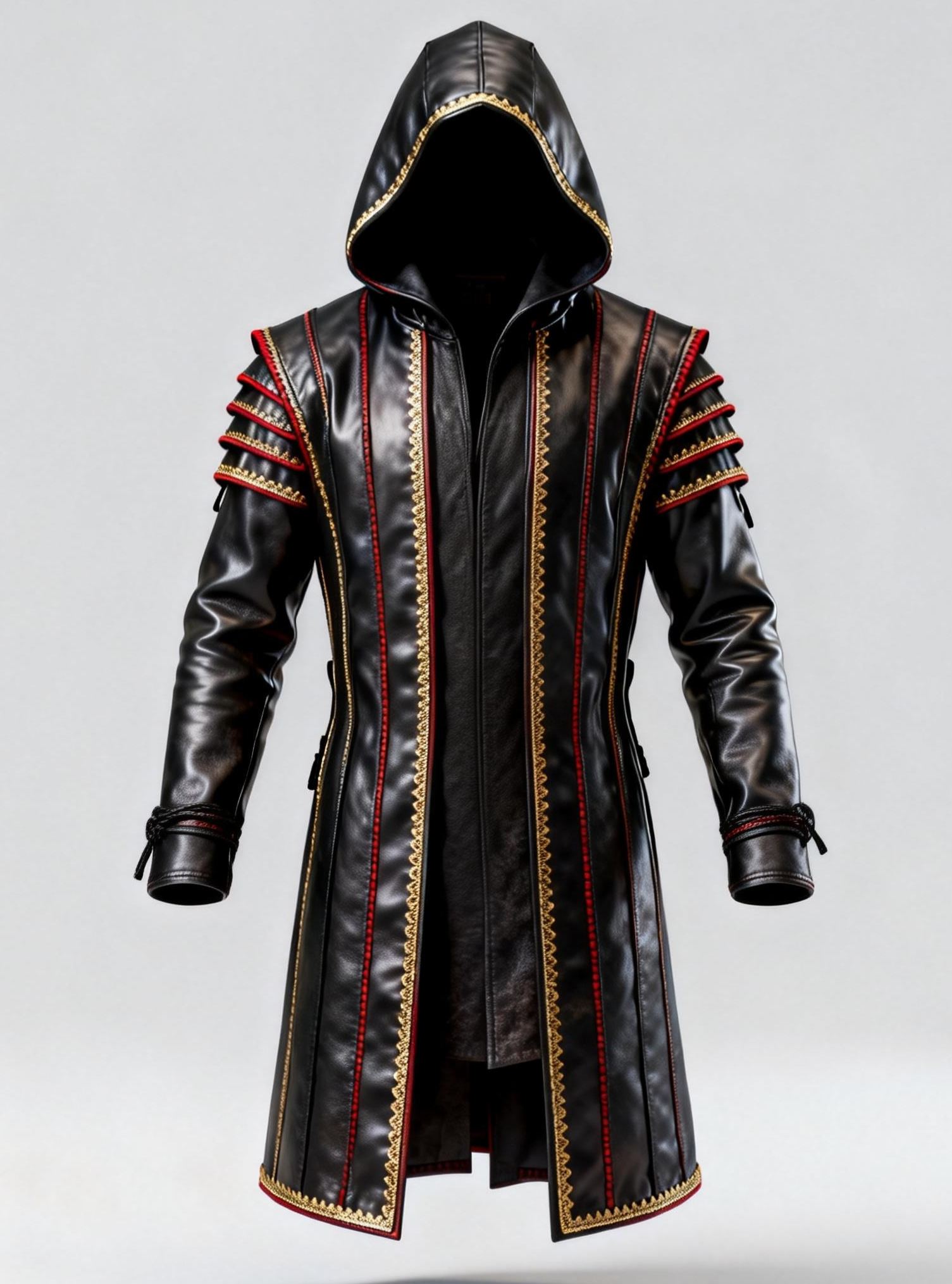 Men's Fashionable Black Hooded Trench Coat Gold & Red Trim Gothic Jacket
