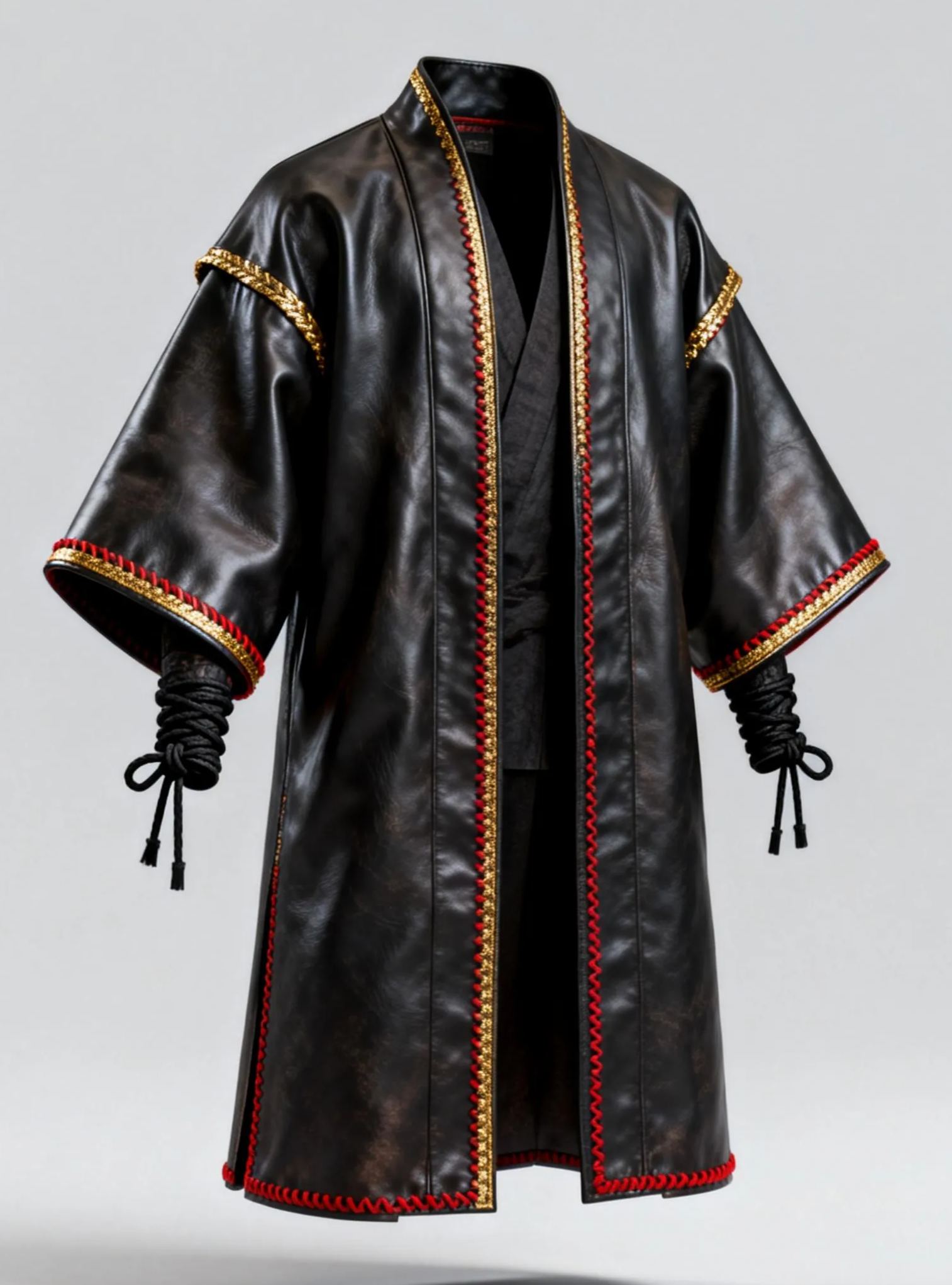 Men's Fashionable Black Faux Leather Kimono Style Overcoat Japanese Jacket
