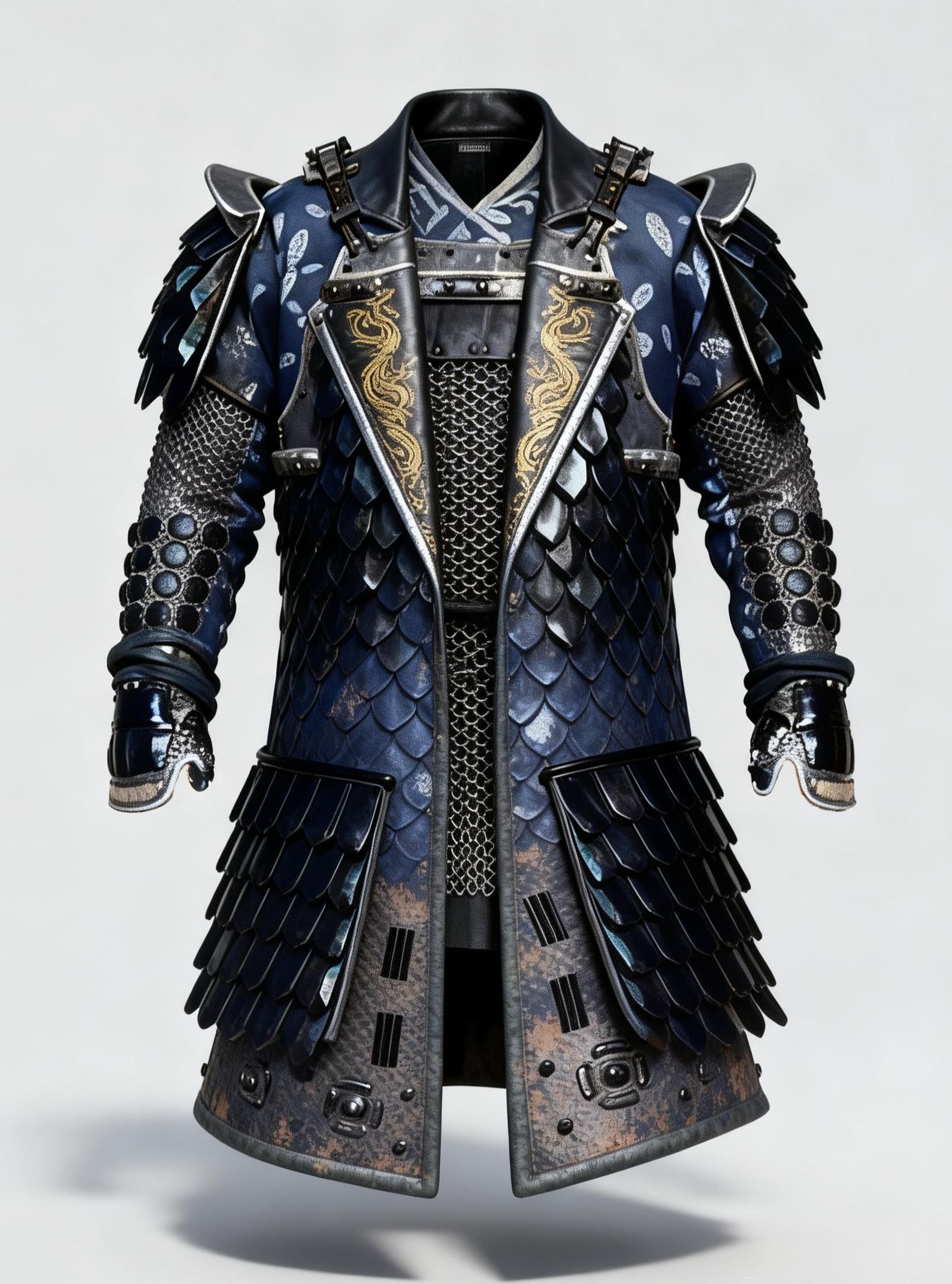 Men's Fashionable Navy Blue Cyber Samurai Trench Coat Dragon Embroidery Gothic Cosplay Overcoat