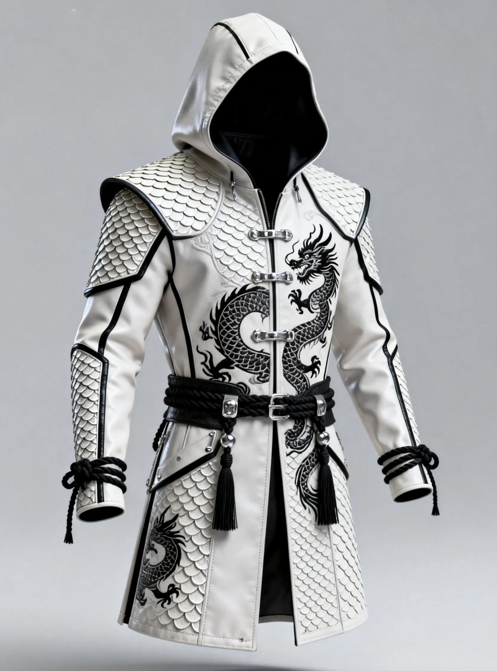 Men's Fashionable White Hooded Trench Coat Dragon Embroidery Gothic Cosplay Jacket