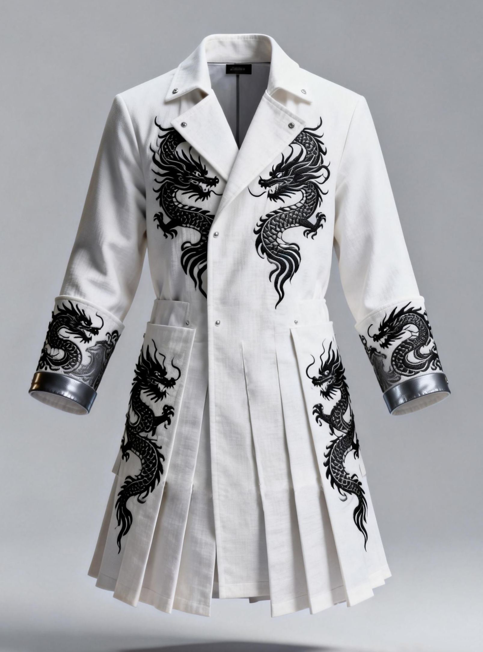 Men's Fashionable White Gothic Trench Coat Black Dragon Embroidery Jacket