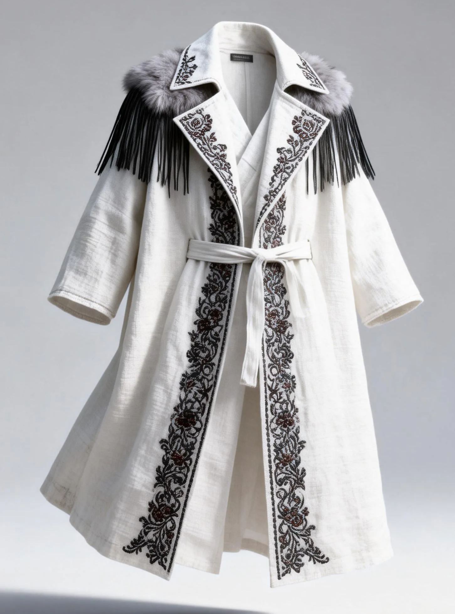 Men's Fashionable White Coat with Gray Fur Collar & Black Fringe Trim 