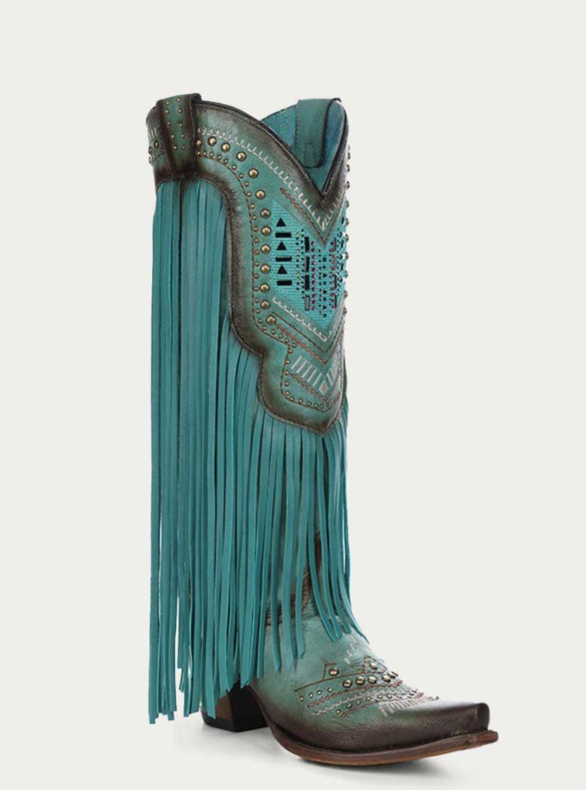 Turquoise Distressed Snip Toe Fringe Studded Wide Calf Cowgirl Boots