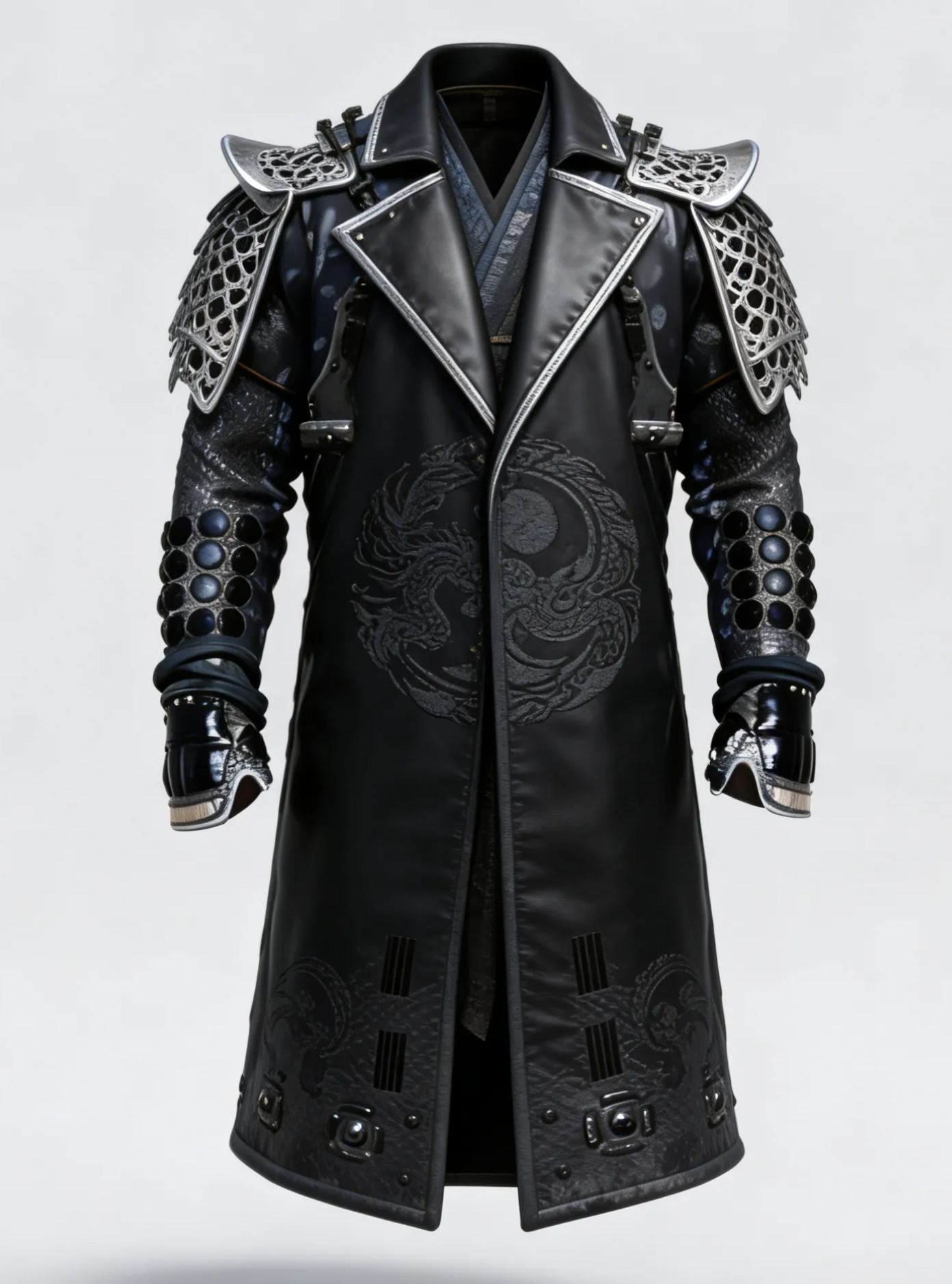 Men's Fashionable Leather Samurai Coat Silver Dragon Embroidery Cosplay Jacket