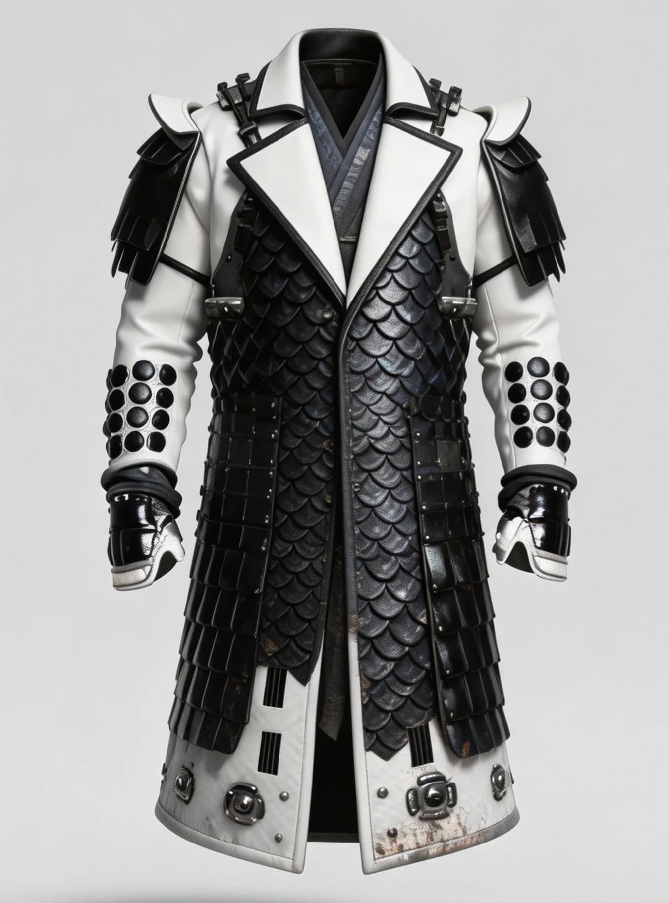 Men's Fashionable Black & White Contrast Samurai Trench Coat Gothic Cosplay Jacket