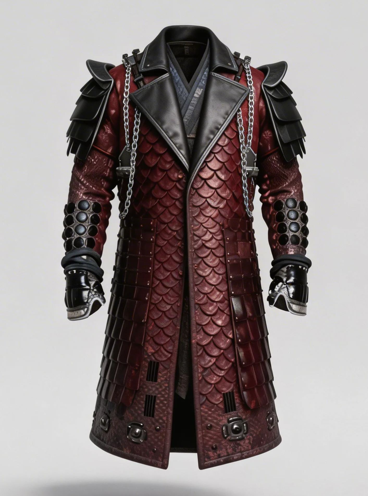 Men's Fashionable Red Samurai Trench Coat Silver Chain Accents Gothic Cosplay Jacket
