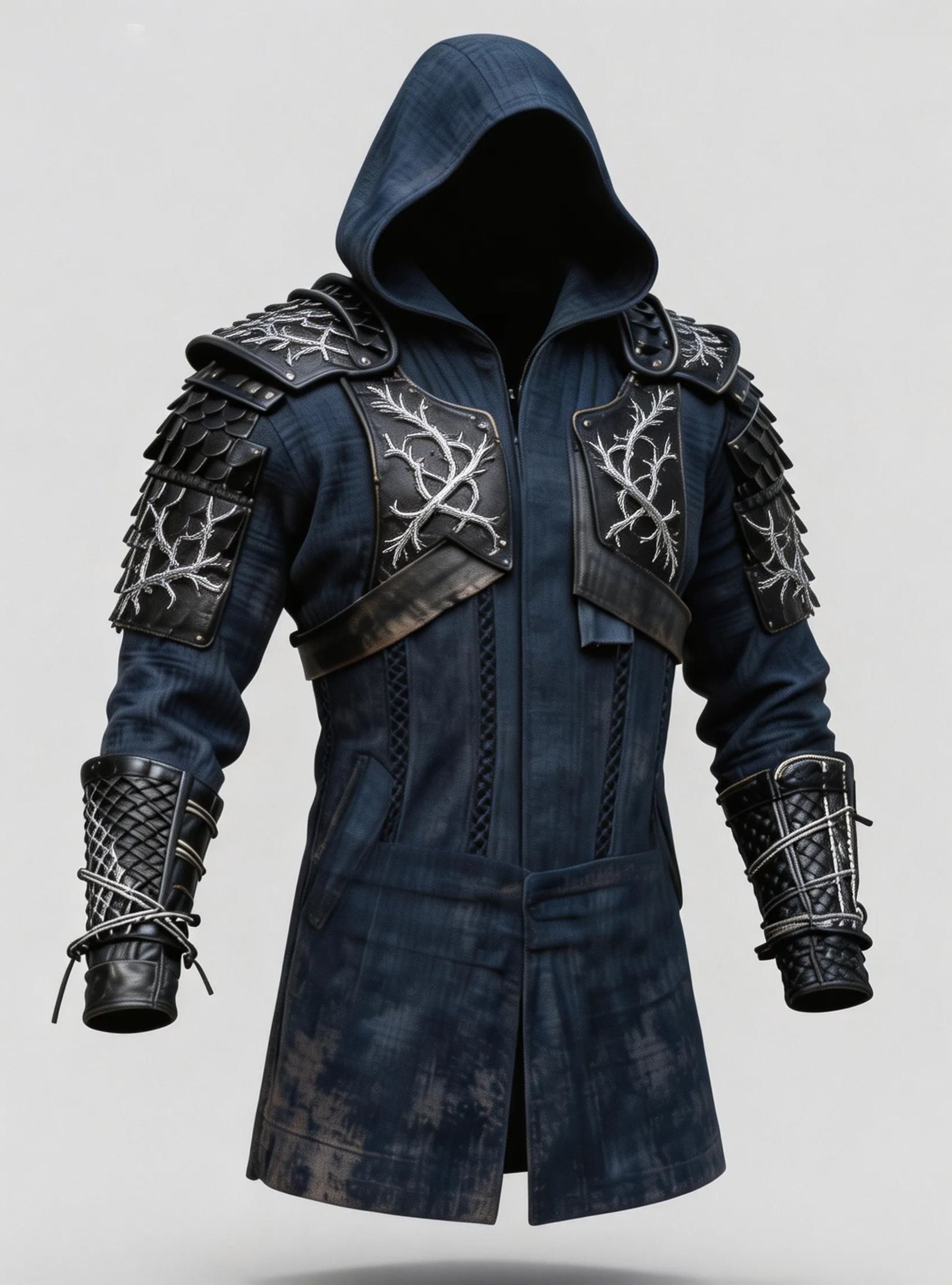 Men's Navy Blue Hooded Samurai Coat Silver Thorn Embroidery Gothic Jacket