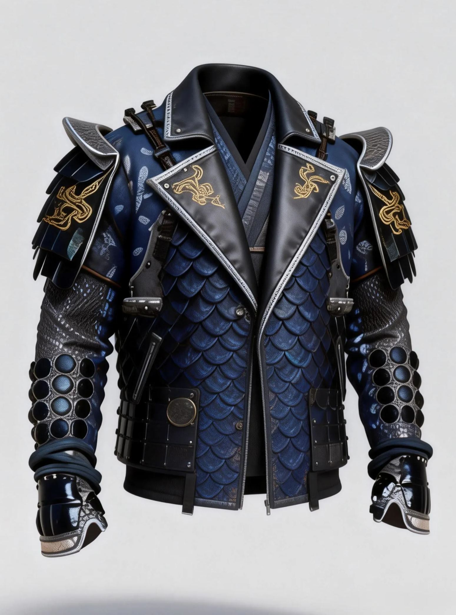 Men's Grey Samurai Biker Jacket Golden Snake Embroidery Gothic Cosplay Jacket
