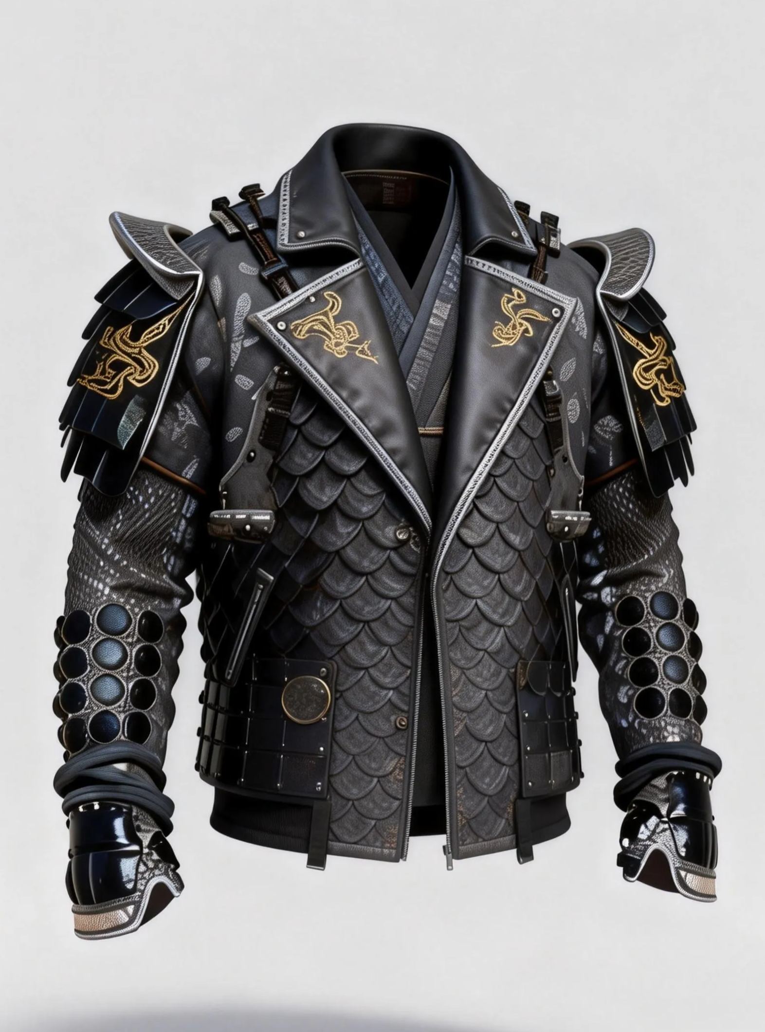 Men's Grey Samurai Biker Jacket Golden Snake Embroidery Gothic Cosplay Jacket