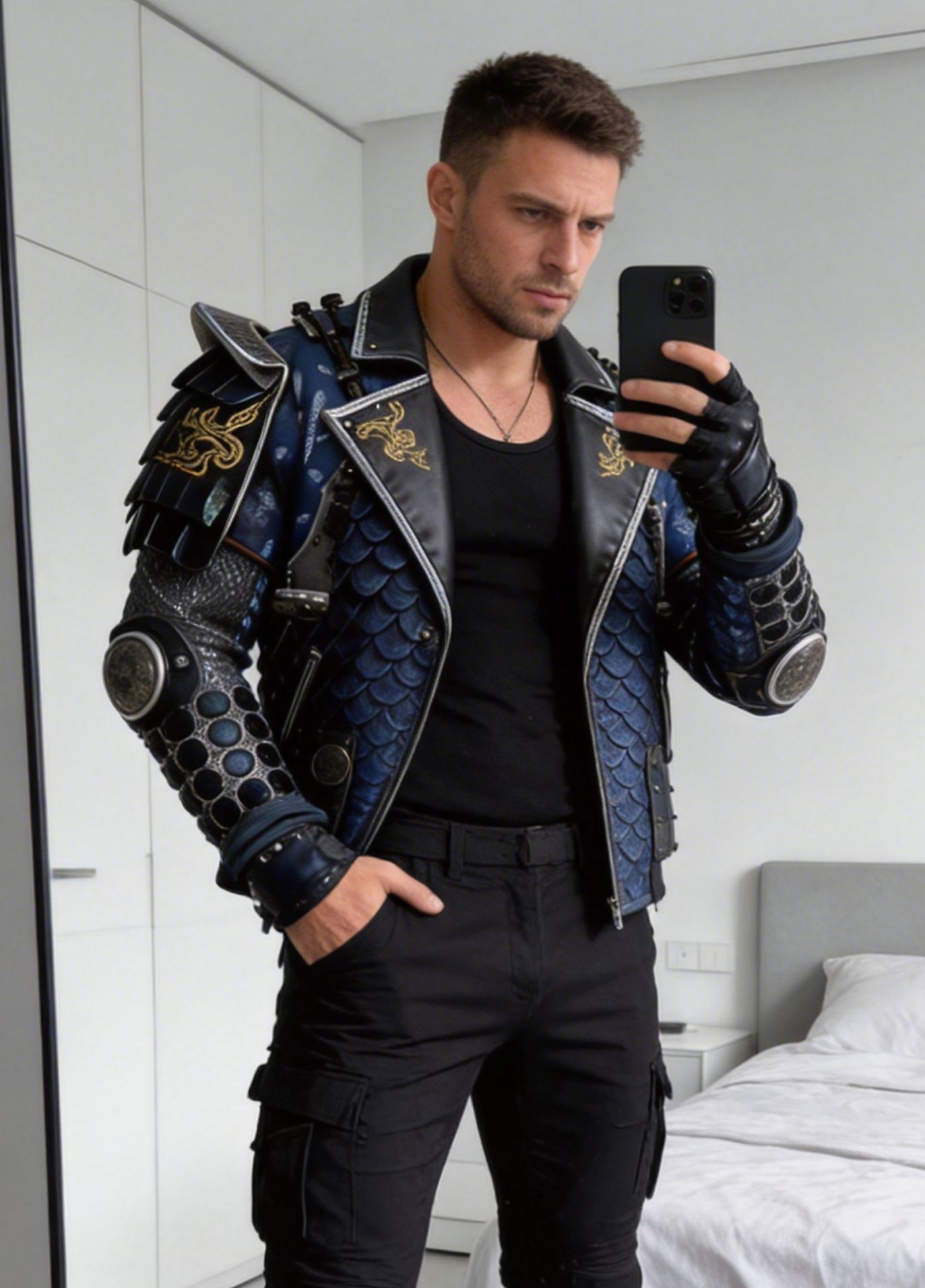Men's Grey Samurai Biker Jacket Golden Snake Embroidery Gothic Cosplay Jacket