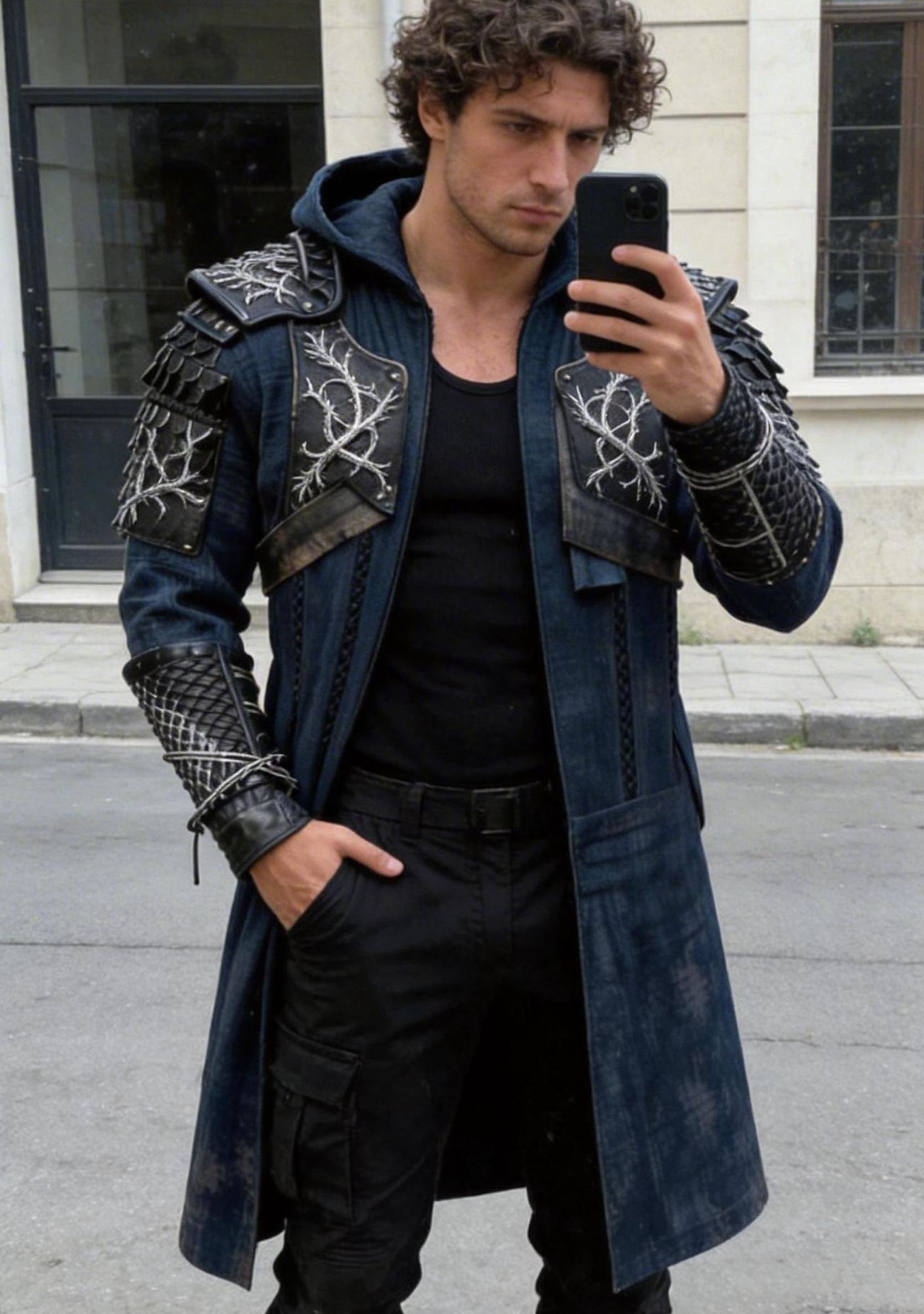 Men's Navy Blue Hooded Samurai Coat Silver Thorn Embroidery Gothic Jacket