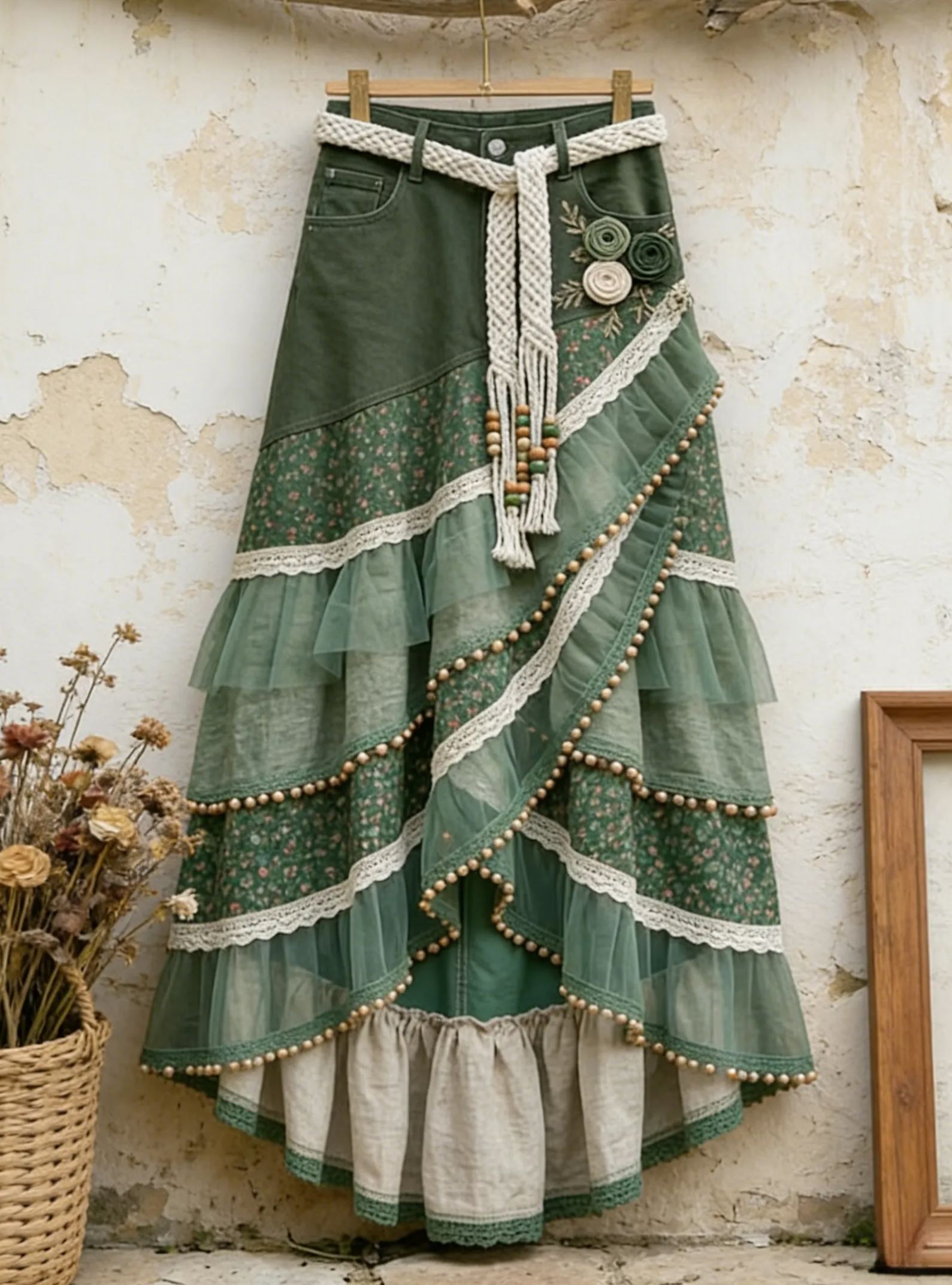 Vintage Bohemian Linen Patchwork Floral Tulle Ruffled Maxi Skirt with Wooden Beads & Lace