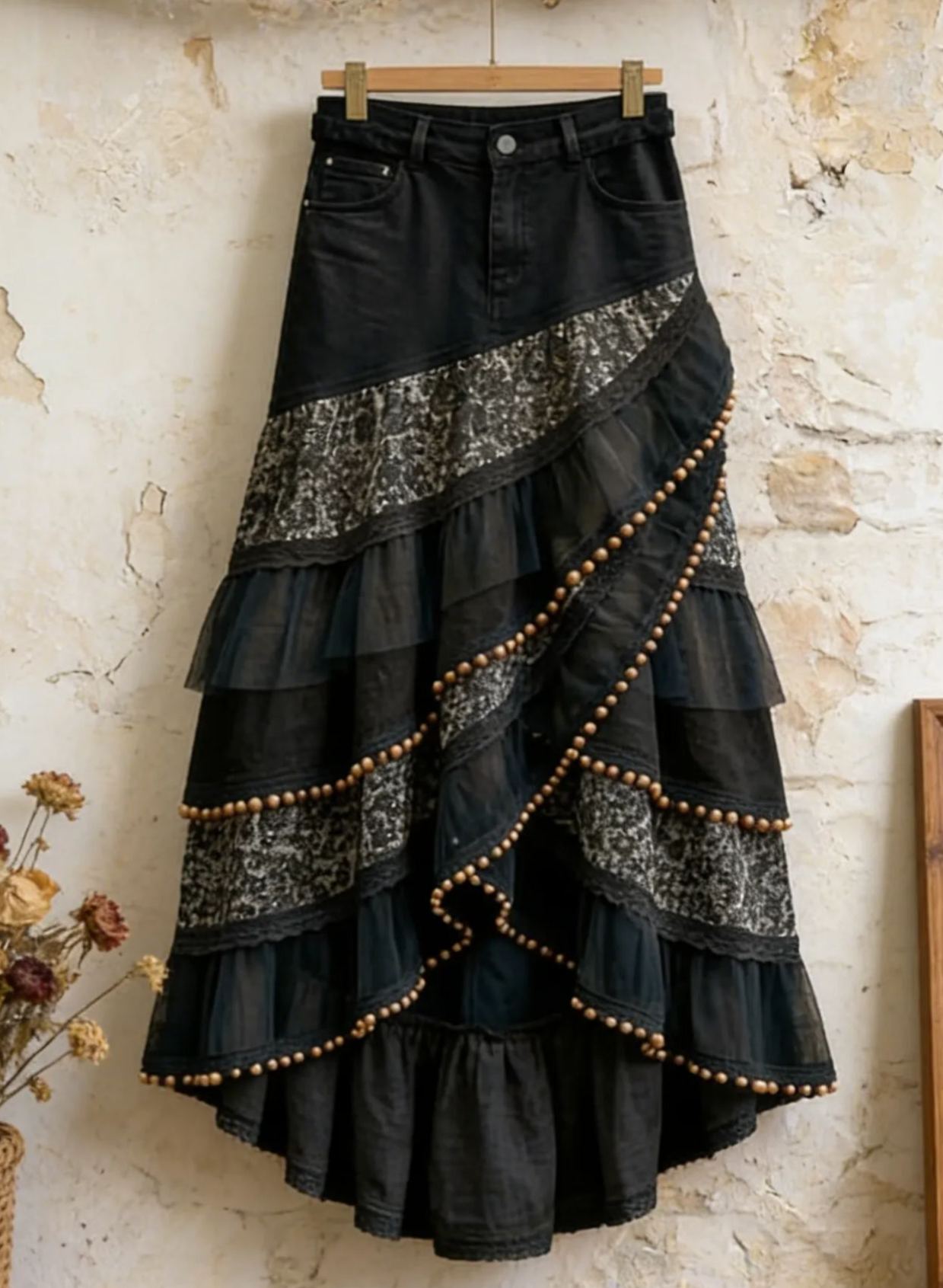 Vintage Bohemian Denim Patchwork Floral Tulle Ruffled Maxi Skirt with Wooden Beads & Lace