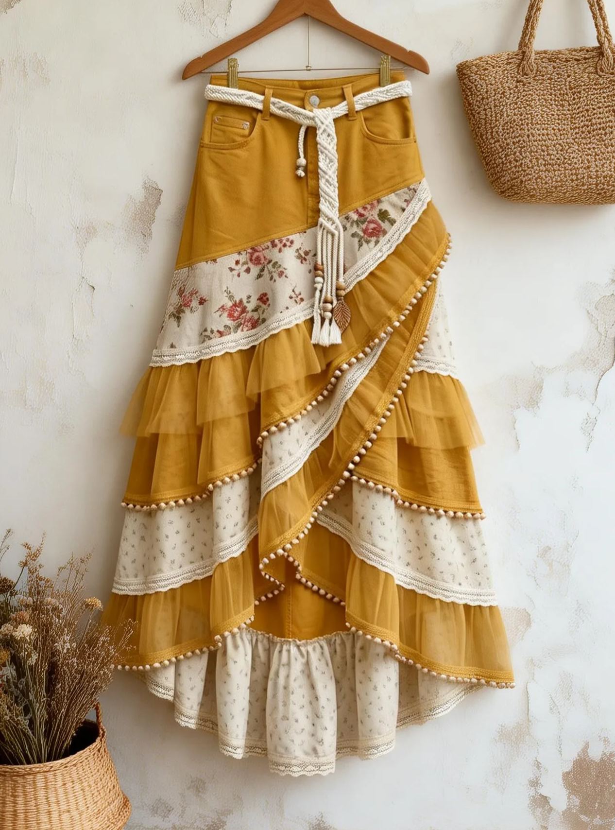 Vintage Bohemian Denim Patchwork Floral Tulle Ruffled Maxi Skirt with Wooden Beads & Lace