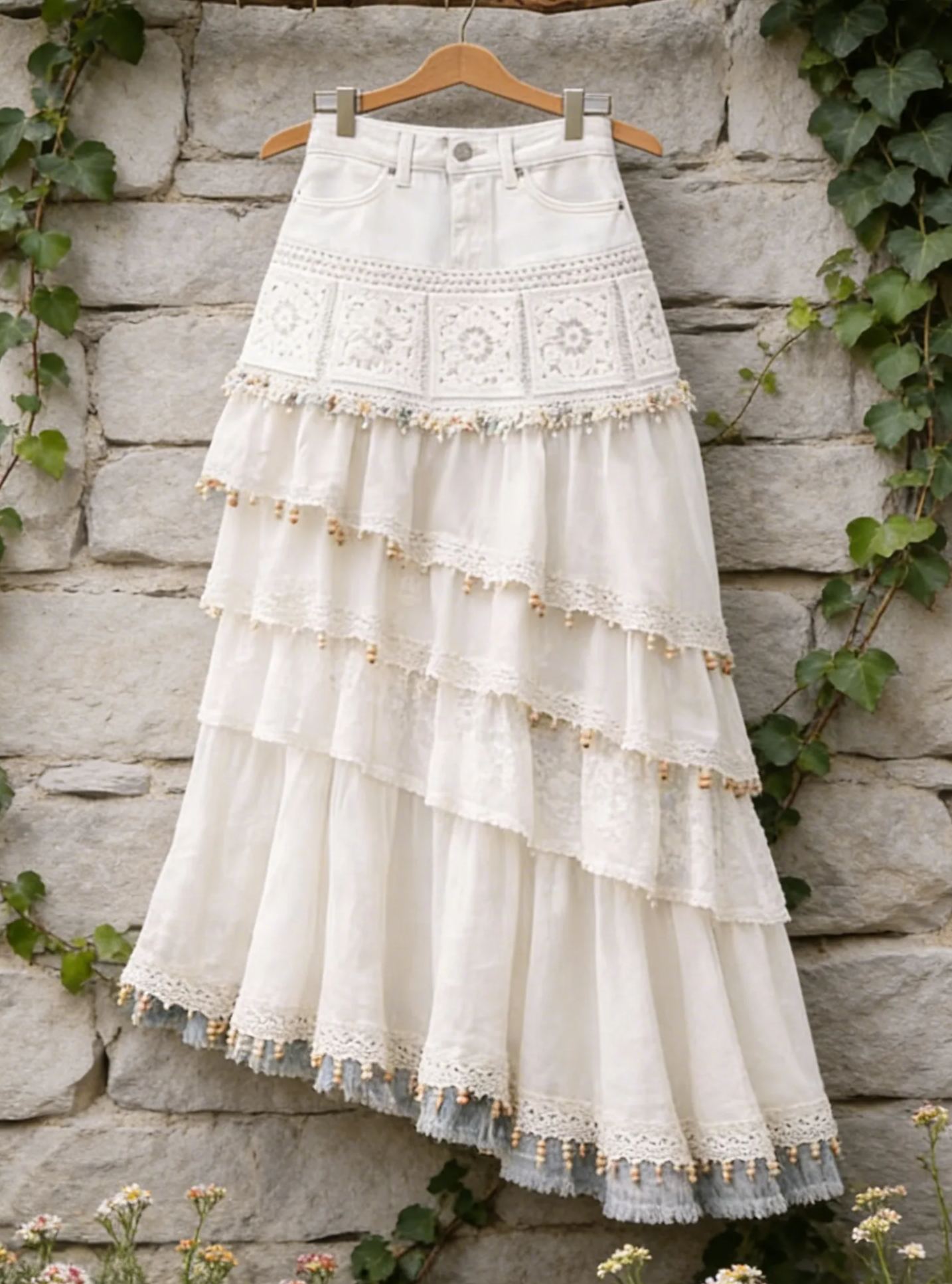 Bohemian White Linen Cotton Lace Crochet Tiered Maxi Skirt 