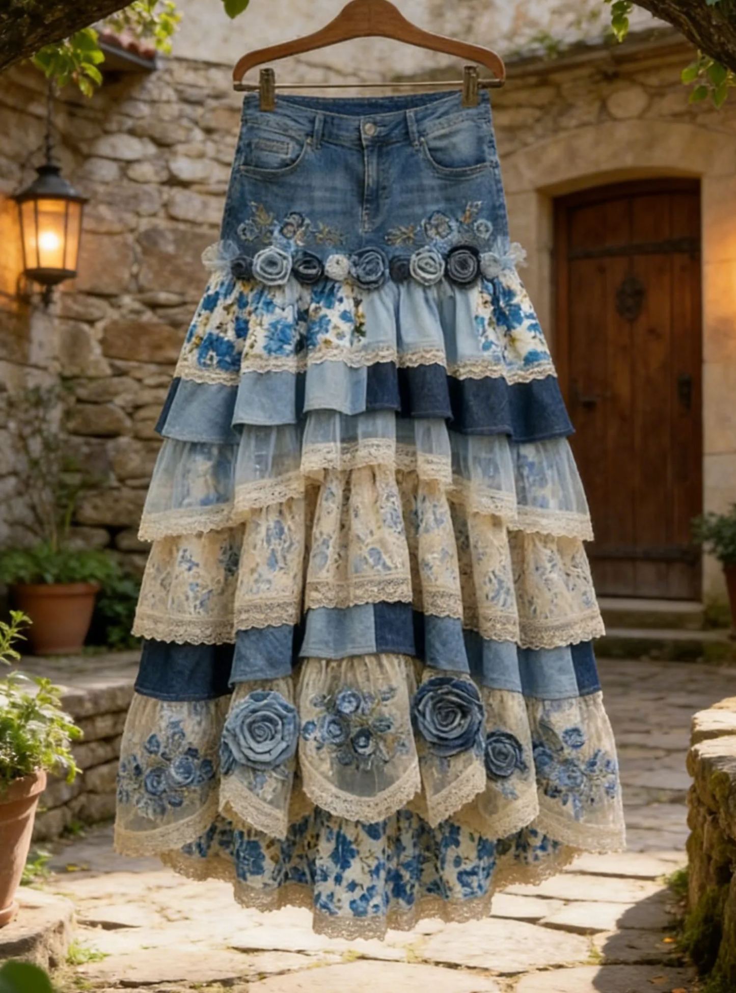 Vintage Court Style Blue Denim Blue Rose Embroidered Tulle Lace Tiered Maxi Skirt