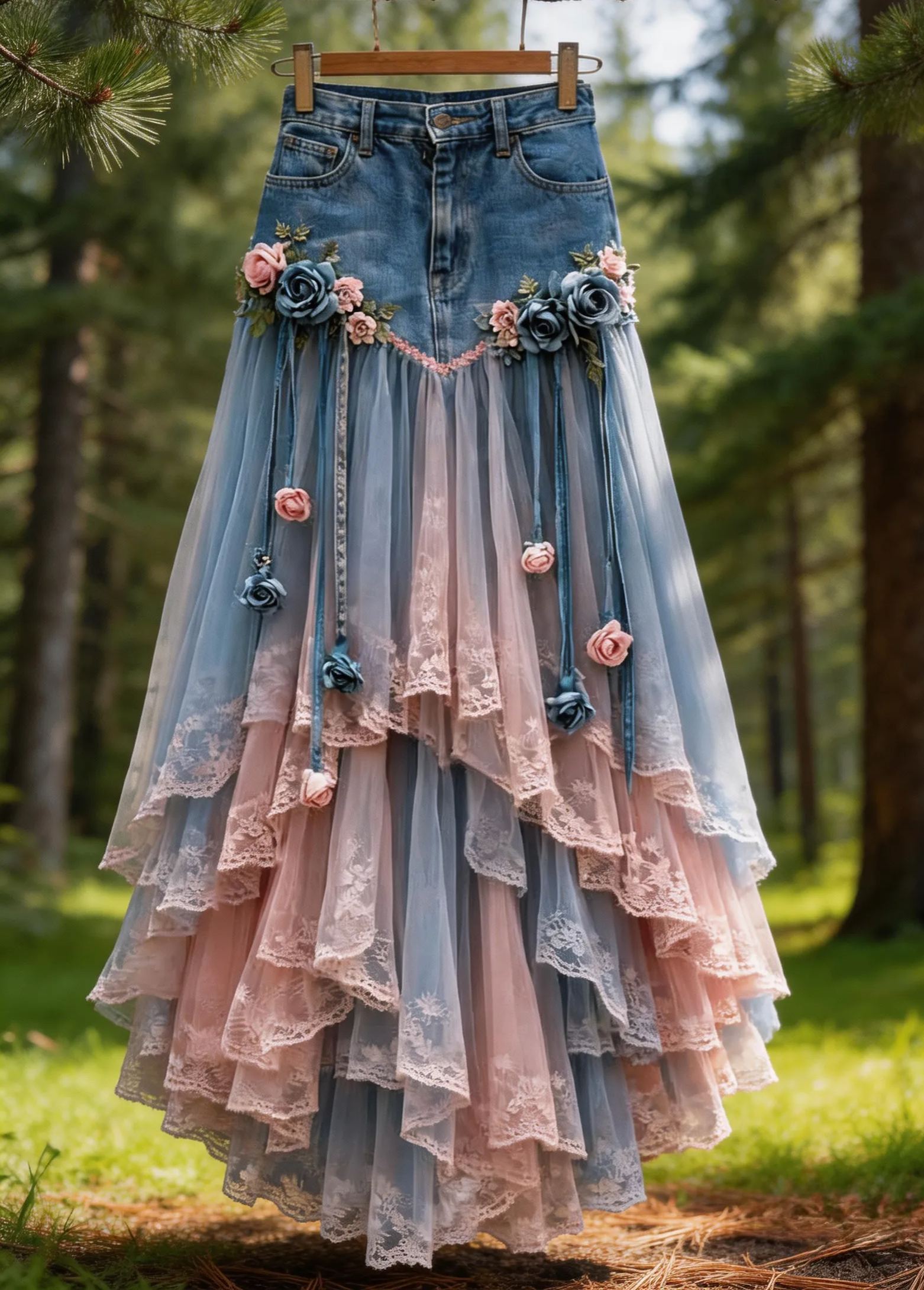 Fairy Pink-Blue Gradient Tulle Denim Patchwork 3D Flower Tassel Maxi Skirt