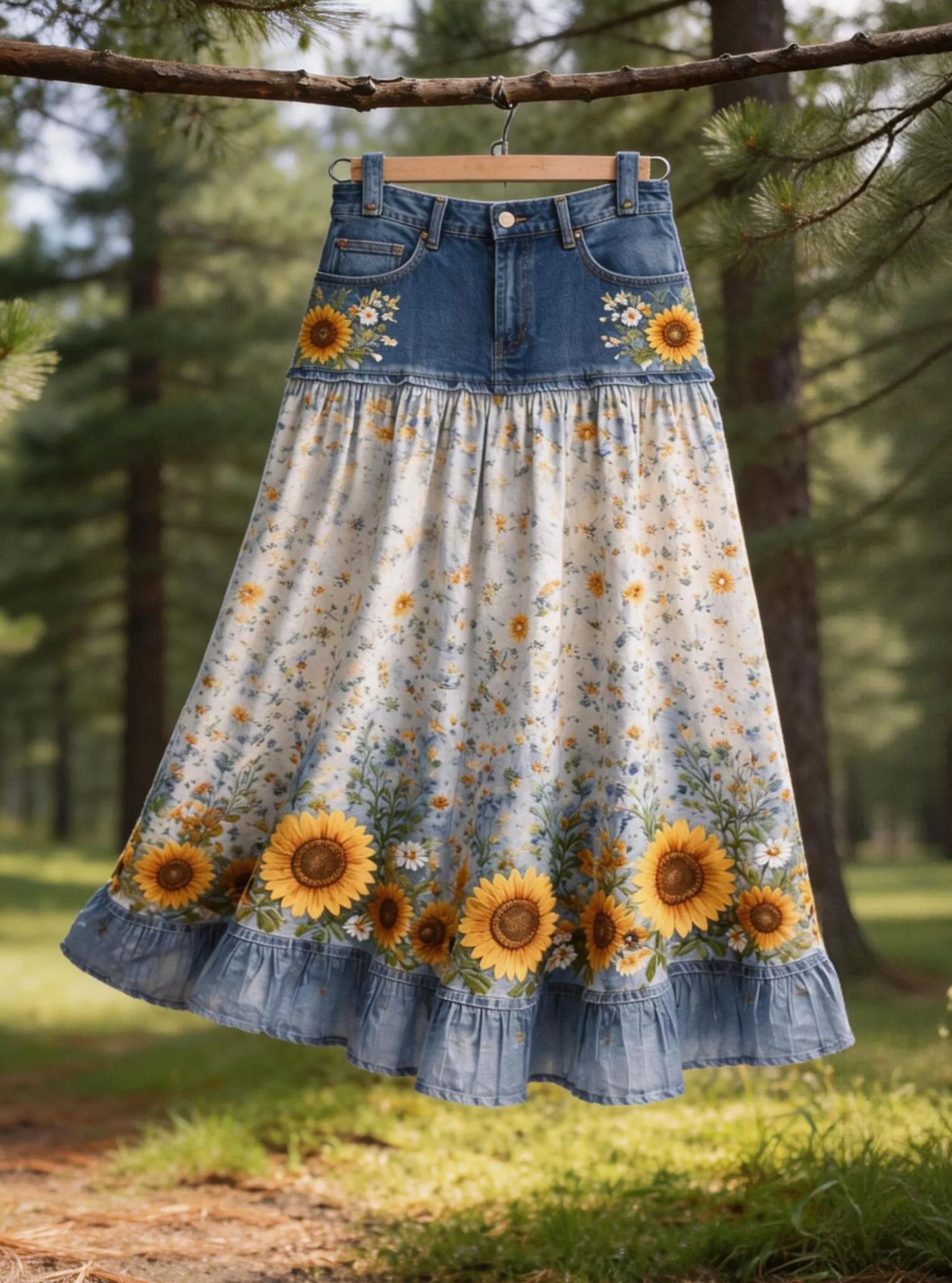 Denim Patchwork Sunflower Print Ruffled Maxi Skirt