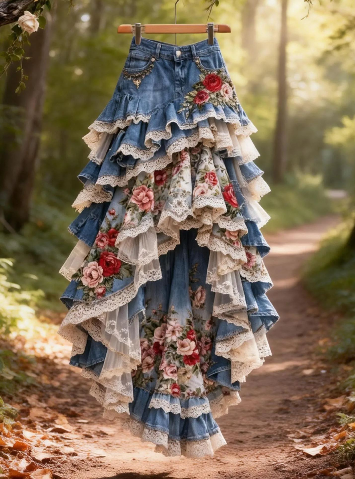Vintage Romantic Denim Patchwork Pink-Red Rose Print Lace Asymmetrical Tiered Maxi Skirt