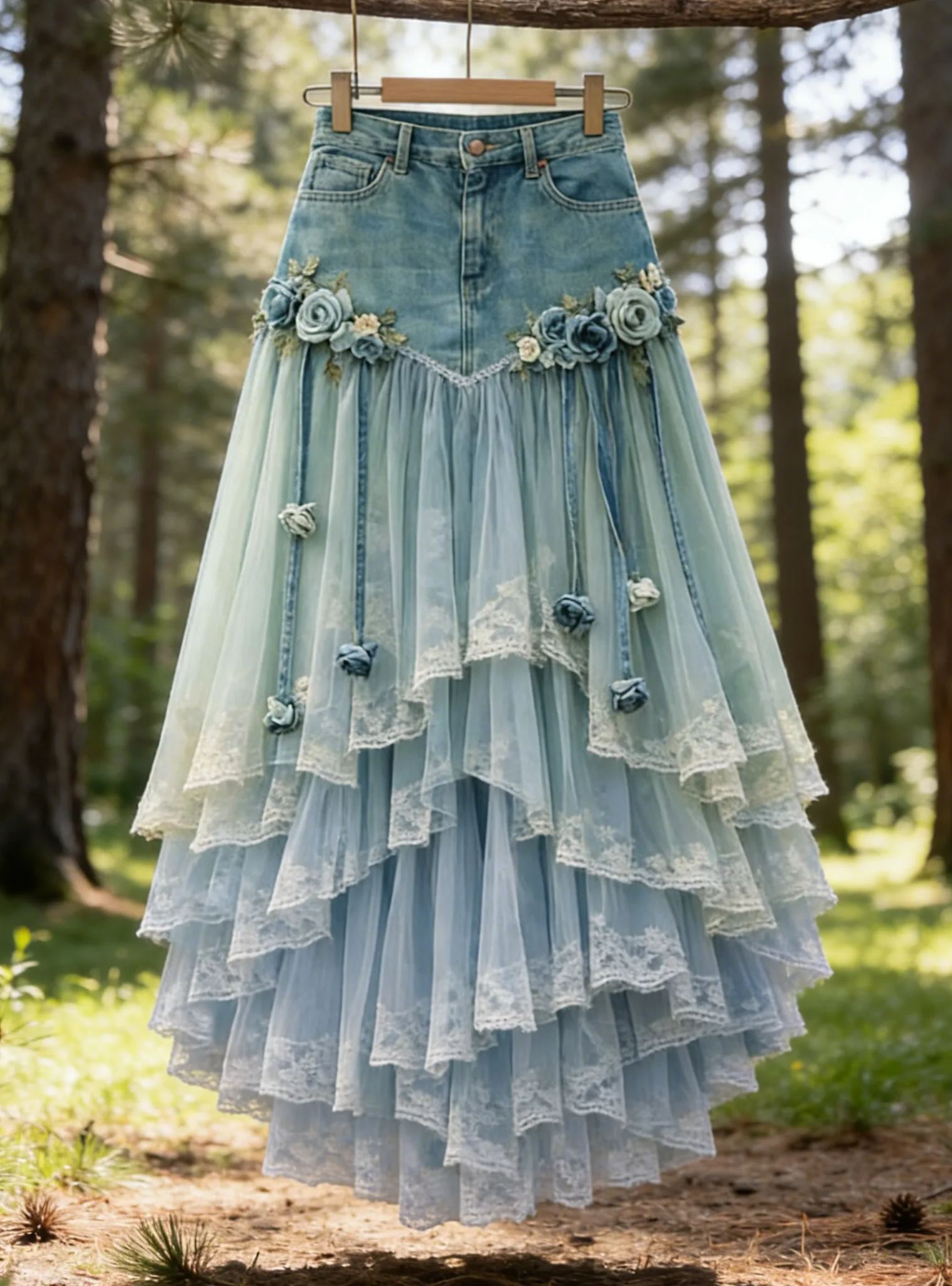 Fairy Light Blue Tulle Denim Patchwork 3D Blue Rose Lace Maxi Skirt