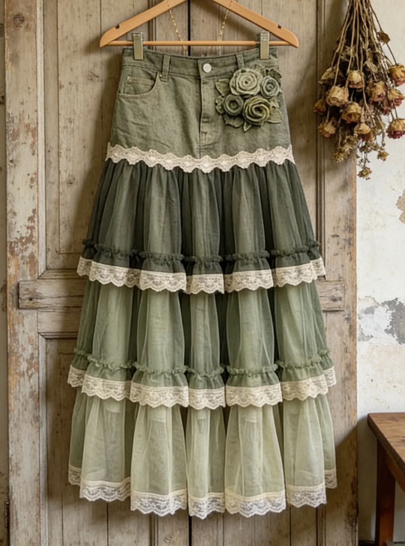 Vintage Olive Green Denim Patchwork Tiered Tulle Skirt with 3D Flowers & Lace