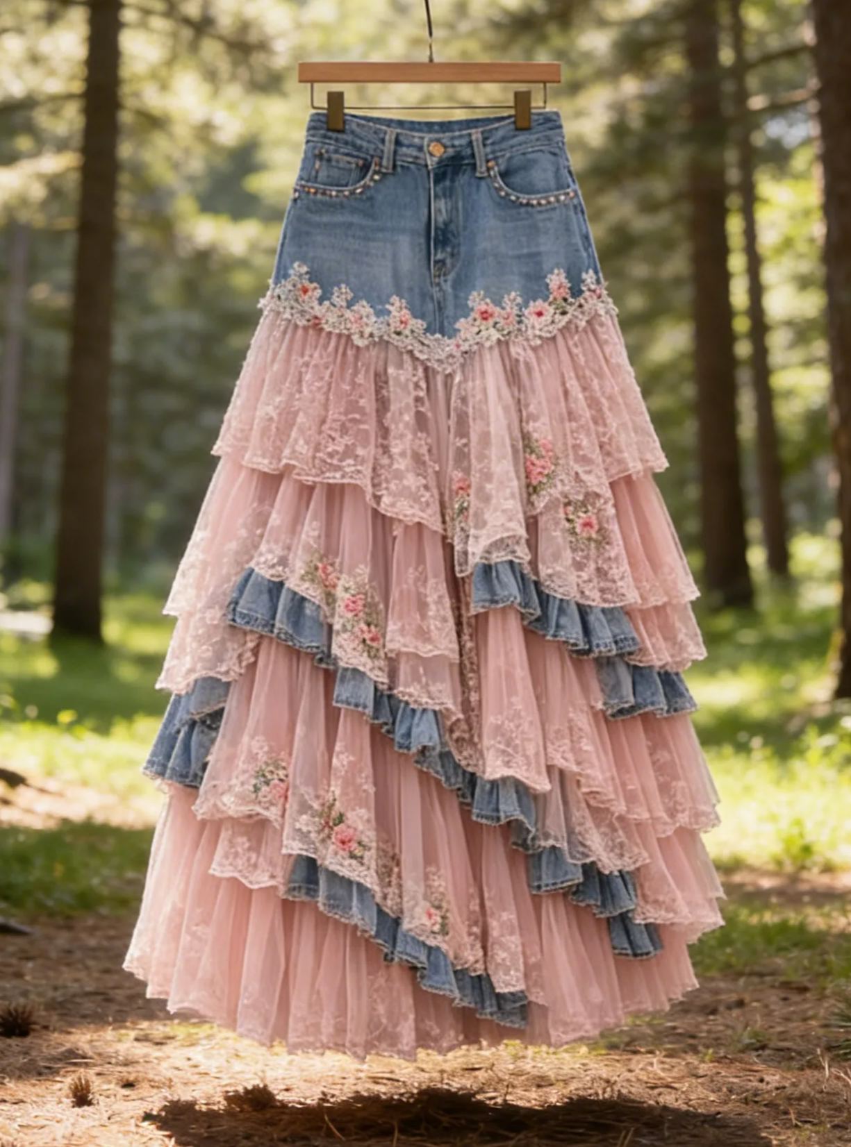 Fairy Pink Tulle Denim Patchwork Small Flower Embroidered Tiered Maxi Skirt
