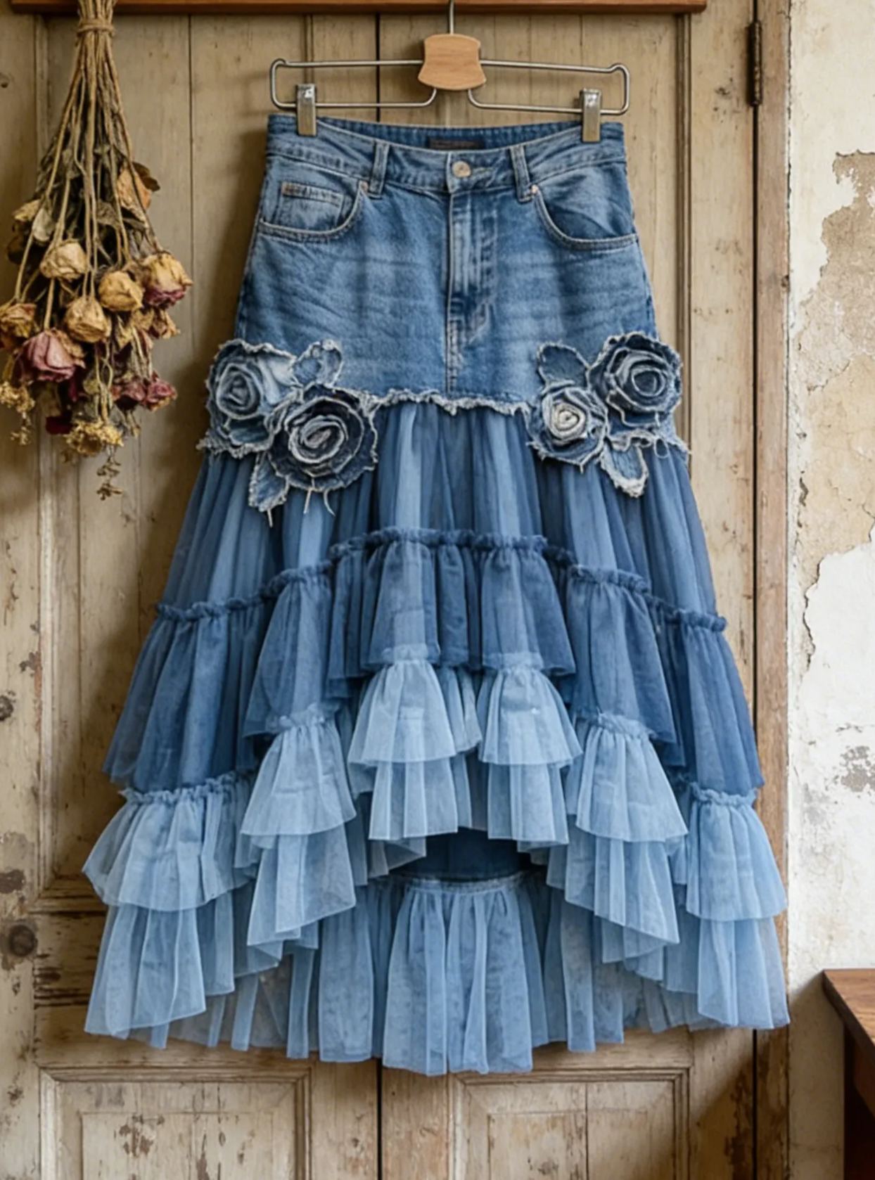 Vintage Bohemian Blue Denim Patchwork 3D Rose Tulle Ruffled Maxi Skirt with Frayed Edges