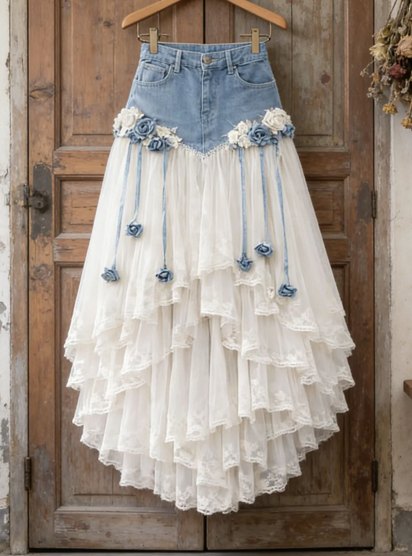 Fairy Bohemian Denim & White Tulle Lace Tiered Maxi Skirt with 3D Blue Roses & Tassels