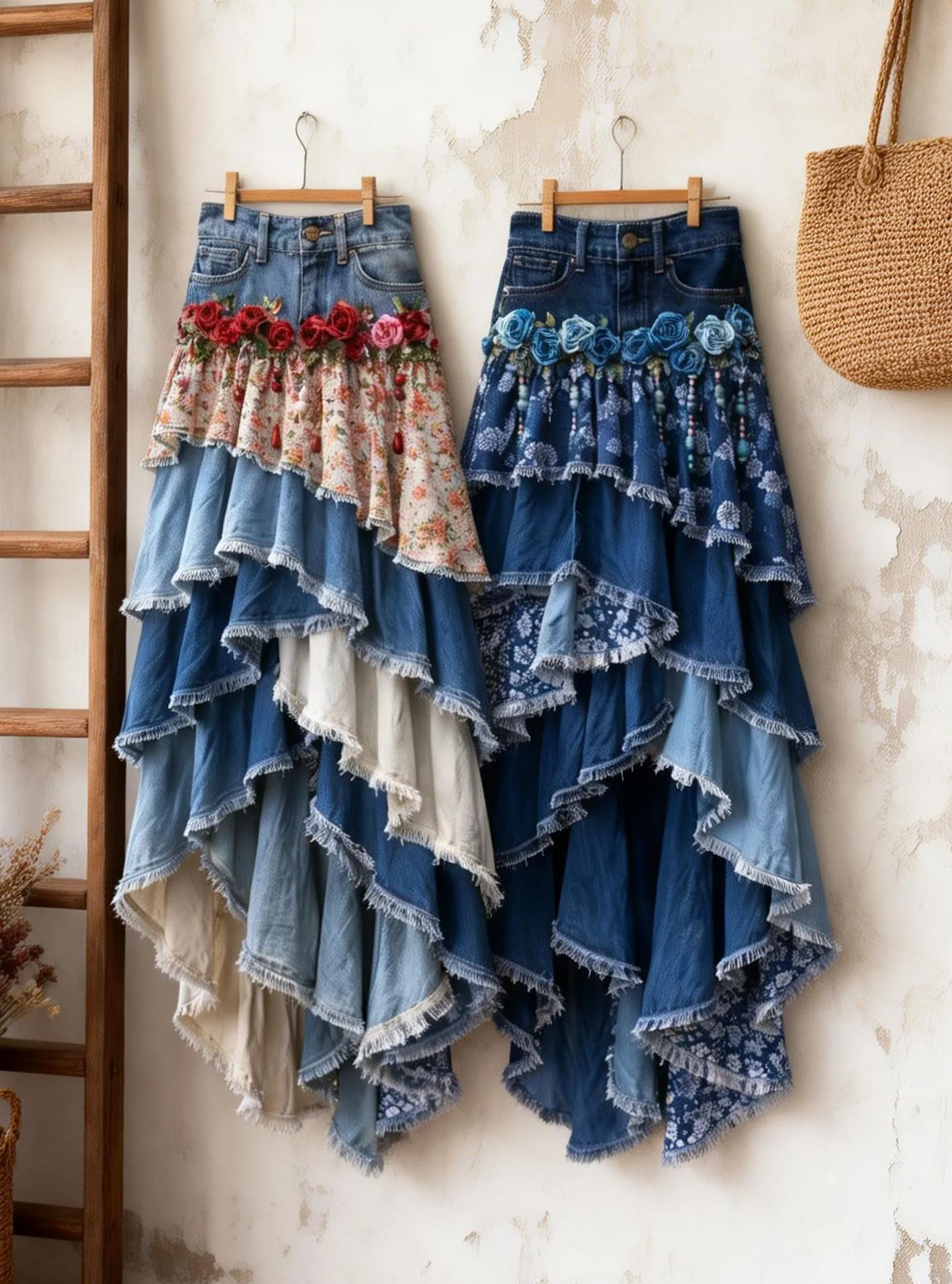 Vintage Pastoral Denim Patchwork Rose Floral Ruffled Asymmetrical Maxi Skirt
