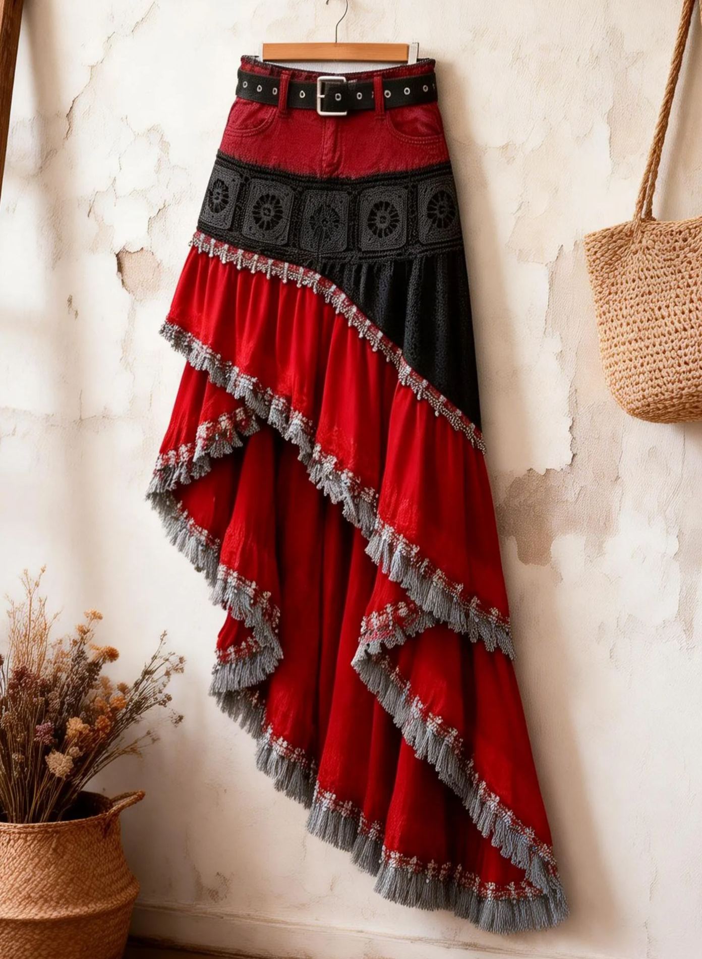 Bohemian Red & Black Patchwork Lace Fringed Asymmetrical Maxi Skirt with Belt