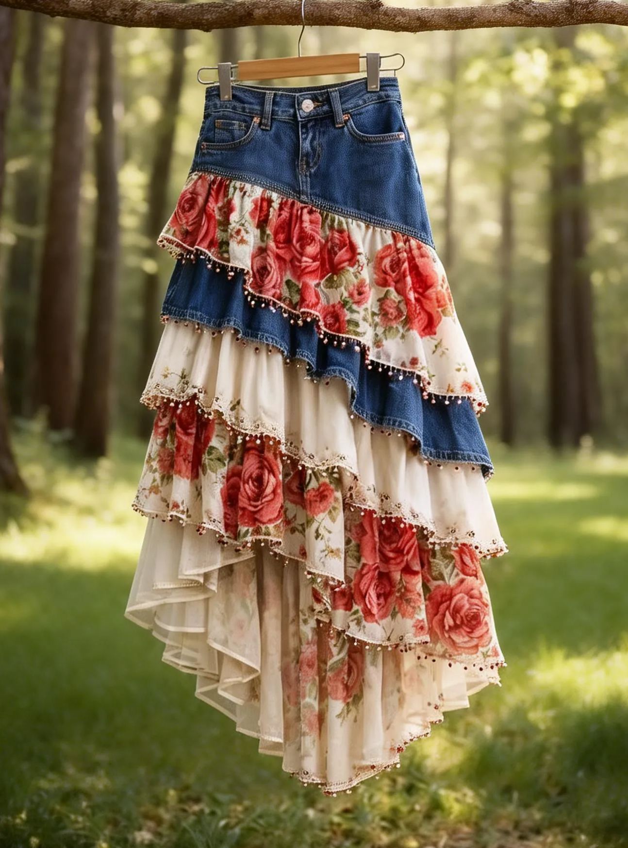 Vintage Romantic Denim Patchwork Red Rose Floral Beaded Asymmetrical Maxi Skirt