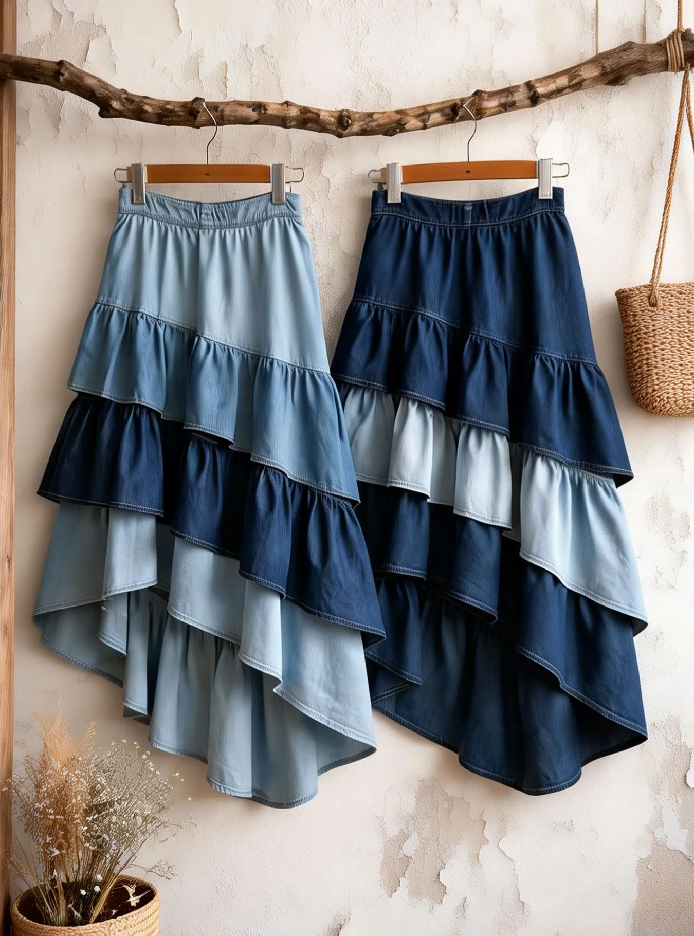 Pastoral Gradient Blue Denim Tiered Ruffled Midi Skirt (Elastic Waist)