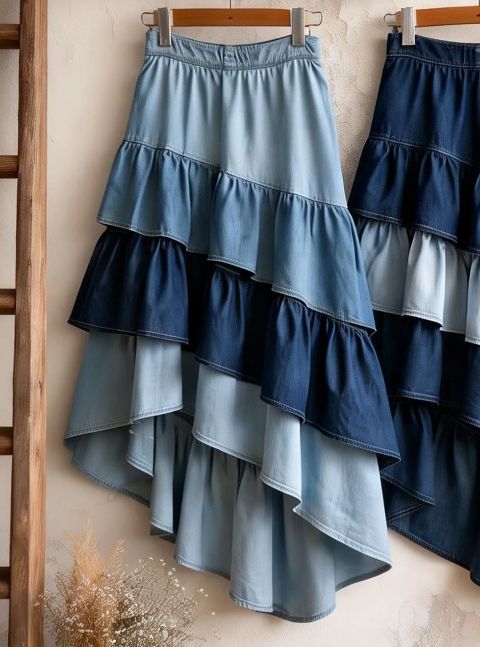 Pastoral Gradient Blue Denim Tiered Ruffled Midi Skirt (Elastic Waist)