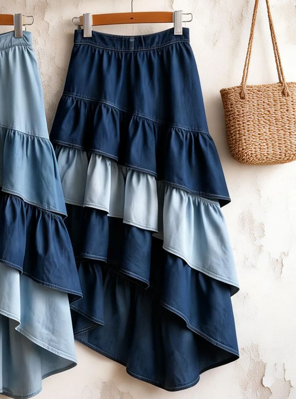 Pastoral Gradient Blue Denim Tiered Ruffled Midi Skirt (Elastic Waist)