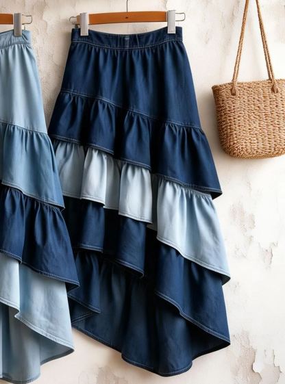 Pastoral Gradient Blue Denim Tiered Ruffled Midi Skirt (Elastic Waist)
